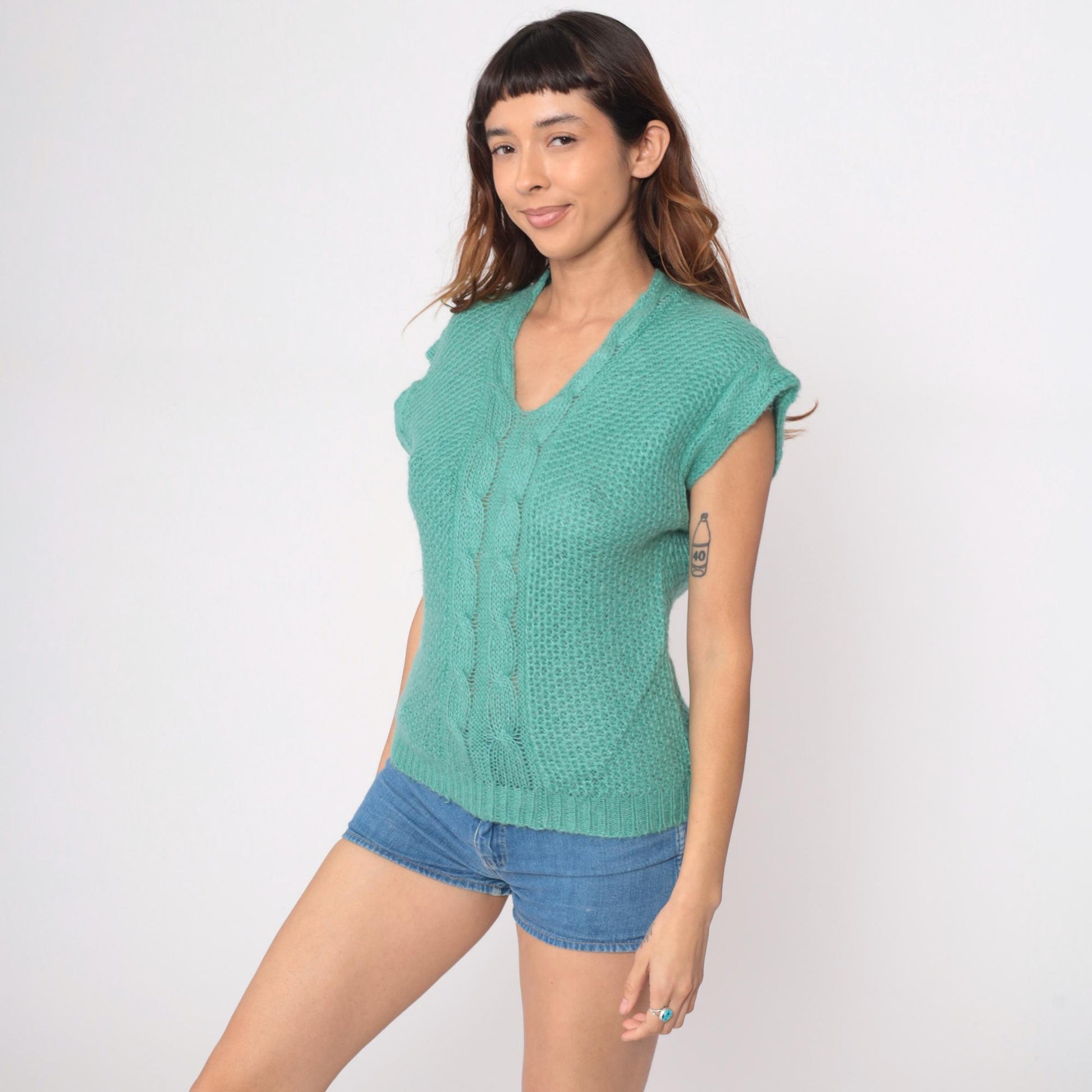 80s Lady Van Huesen Mint Green Cable Knit Sweater Vest V-Neck Small