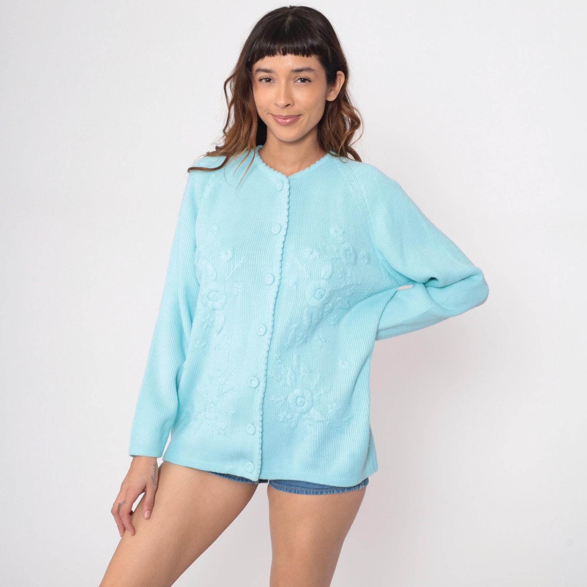 70s Pale Blue Cardigan Embroidered Floral Button Front Knit Medium