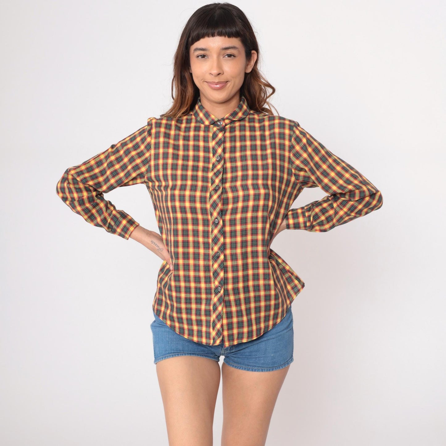90s Oak Hill Plaid Button-Up Shirt Yellow Red Green Navy Cotton Small