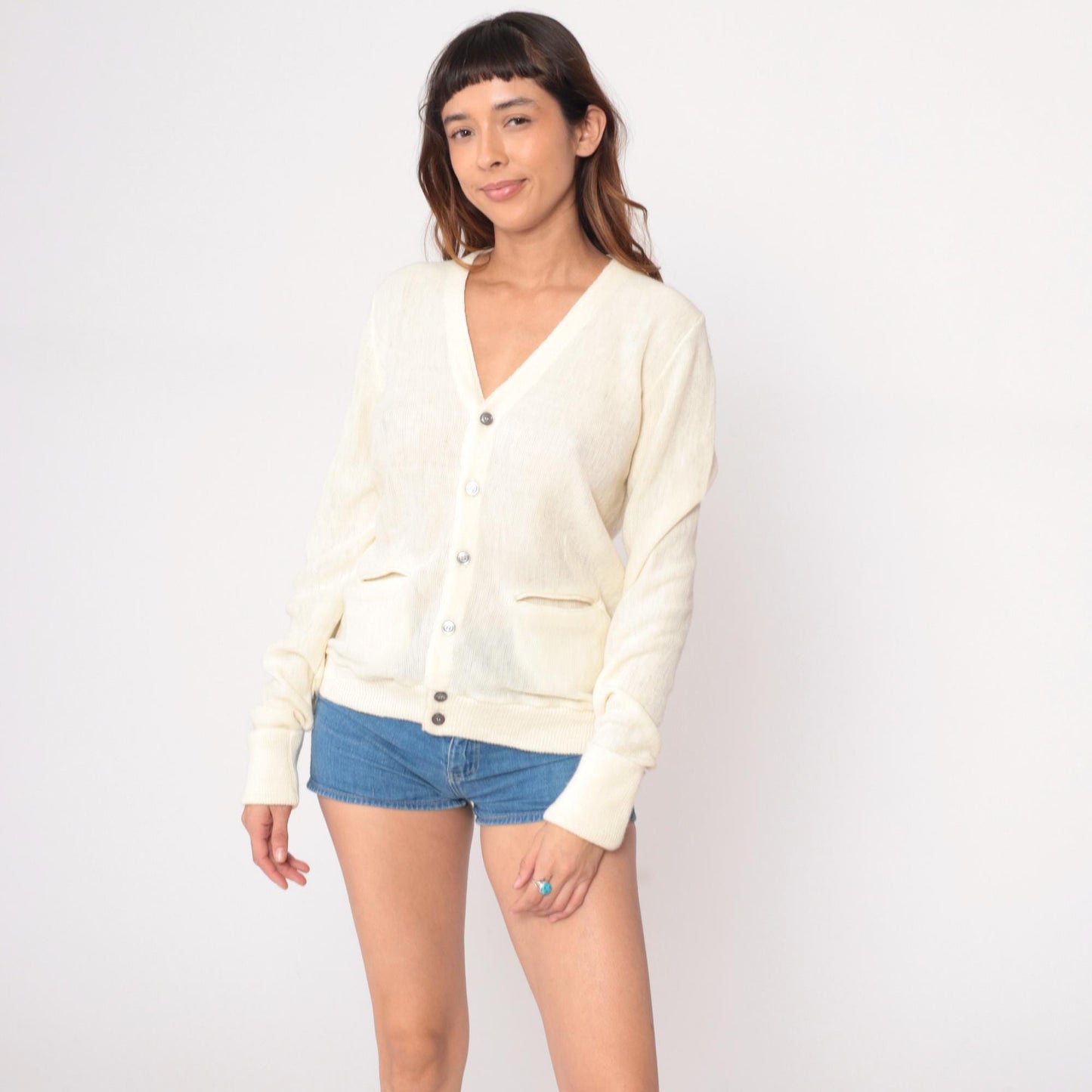 80s Cream Cardigan Button Front V-Neck Patch Pockets Knit Medium