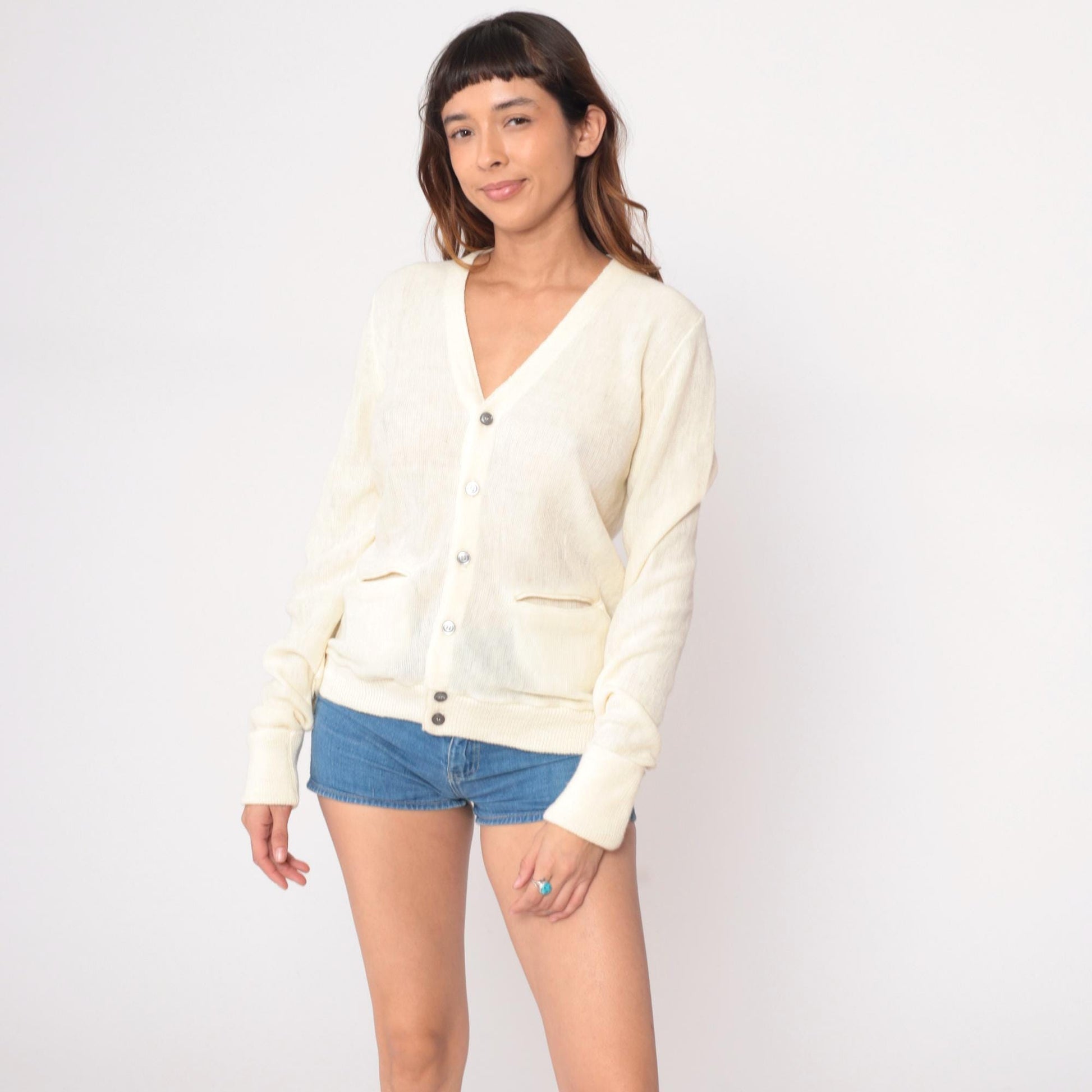 80s Cream Cardigan Button Front V-Neck Patch Pockets Knit Medium