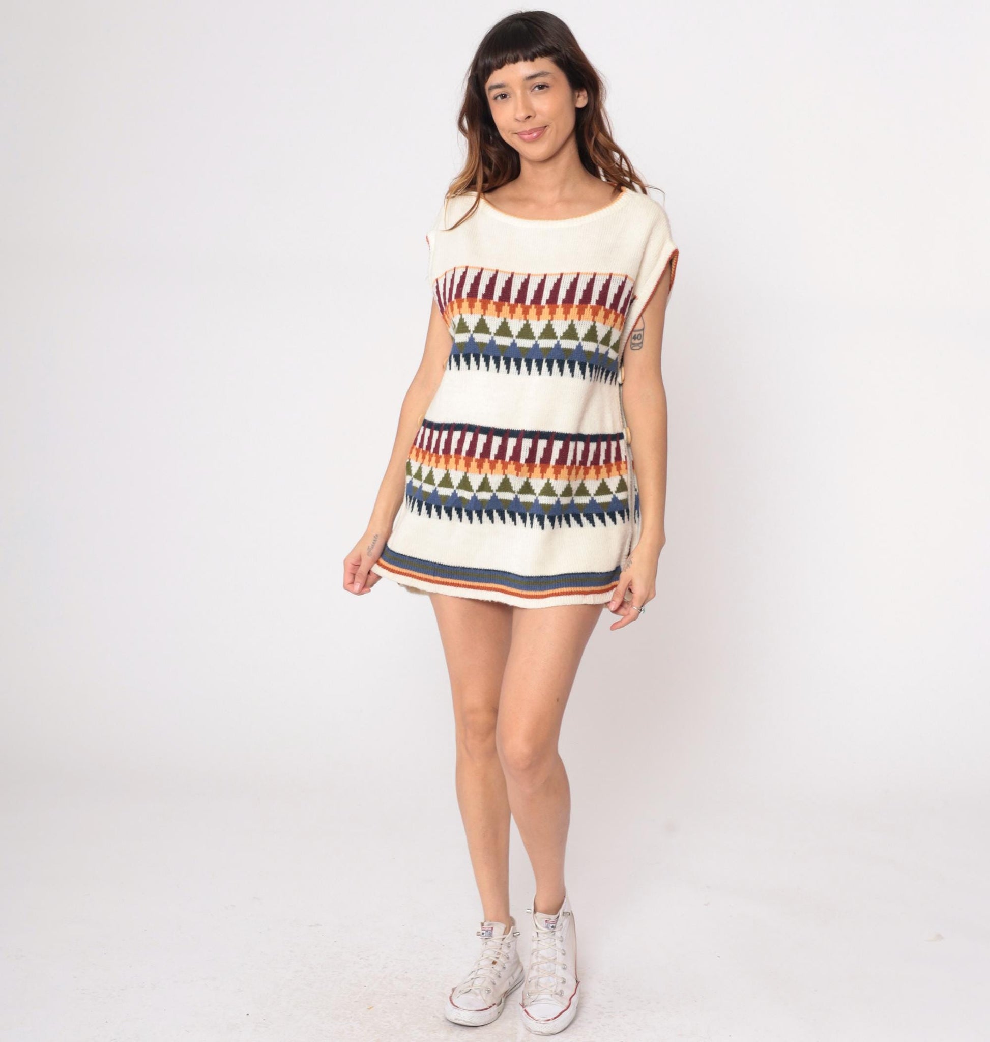 70s Herald Place Geometric Knit Vest Cream Burgundy Orange Blue Large