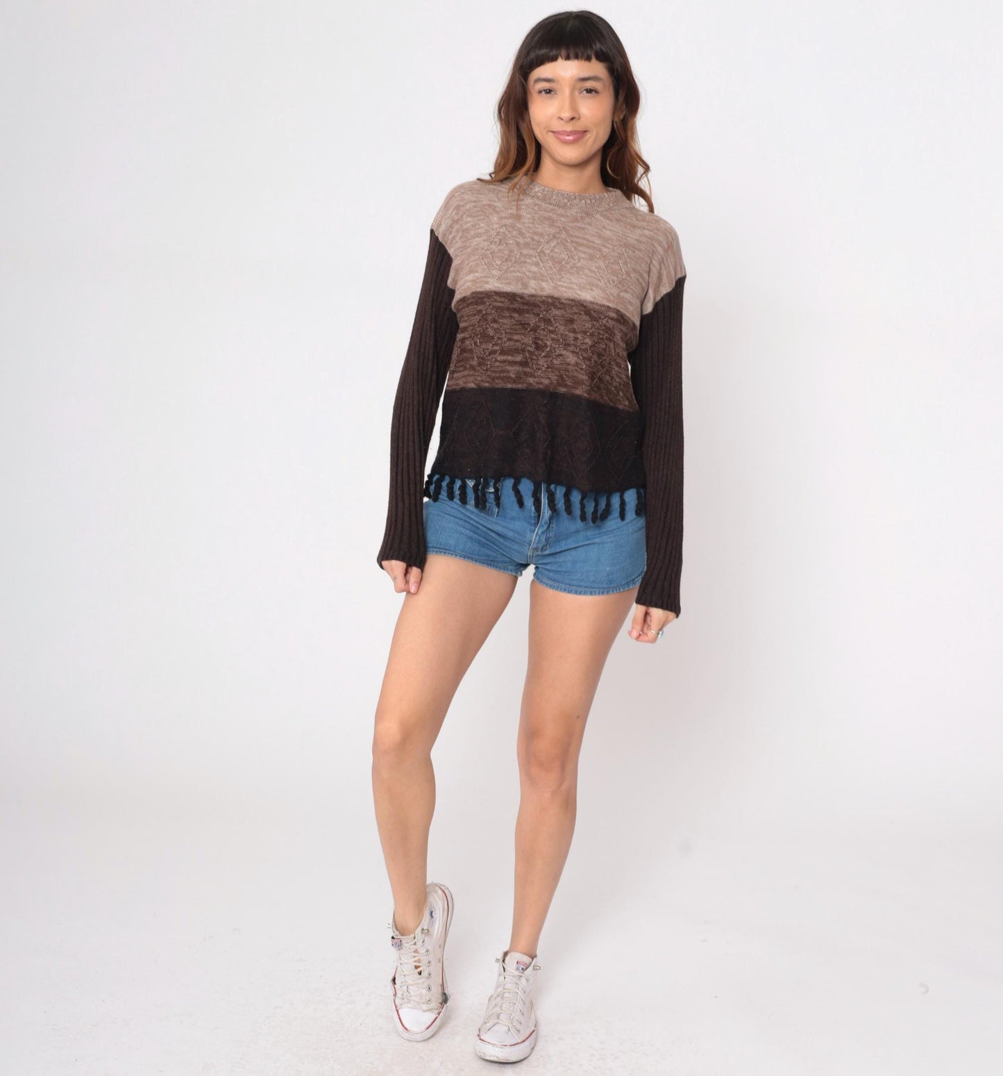 90s Color Block Striped Knit Sweater Brown Tan Fringe Hem Medium M