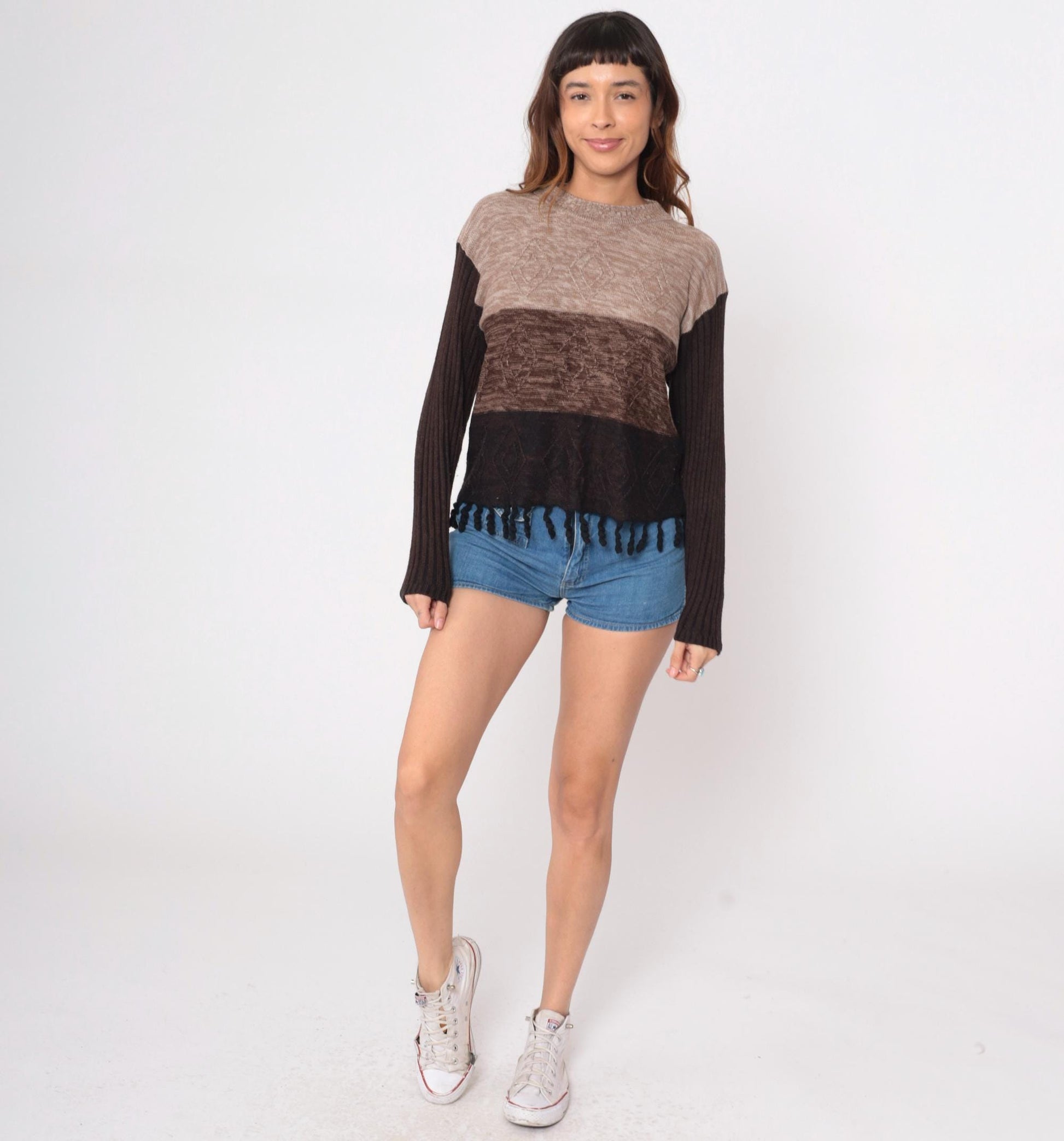 90s Color Block Striped Knit Sweater Brown Tan Fringe Hem Medium M