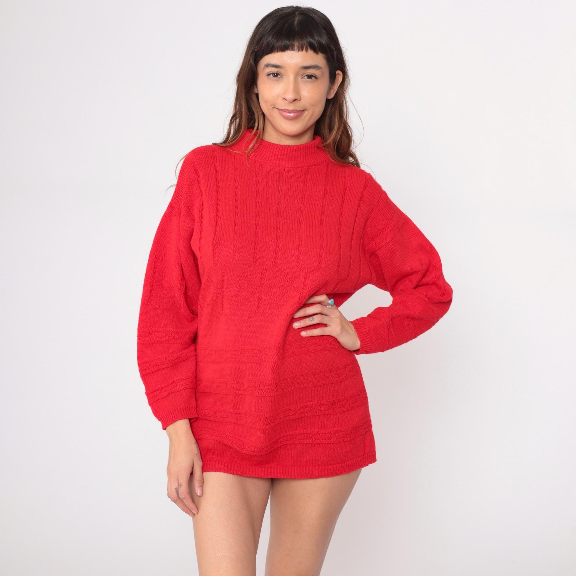 80s Mathias Coral Red Cable Knit Mock Neck Sweater Medium M