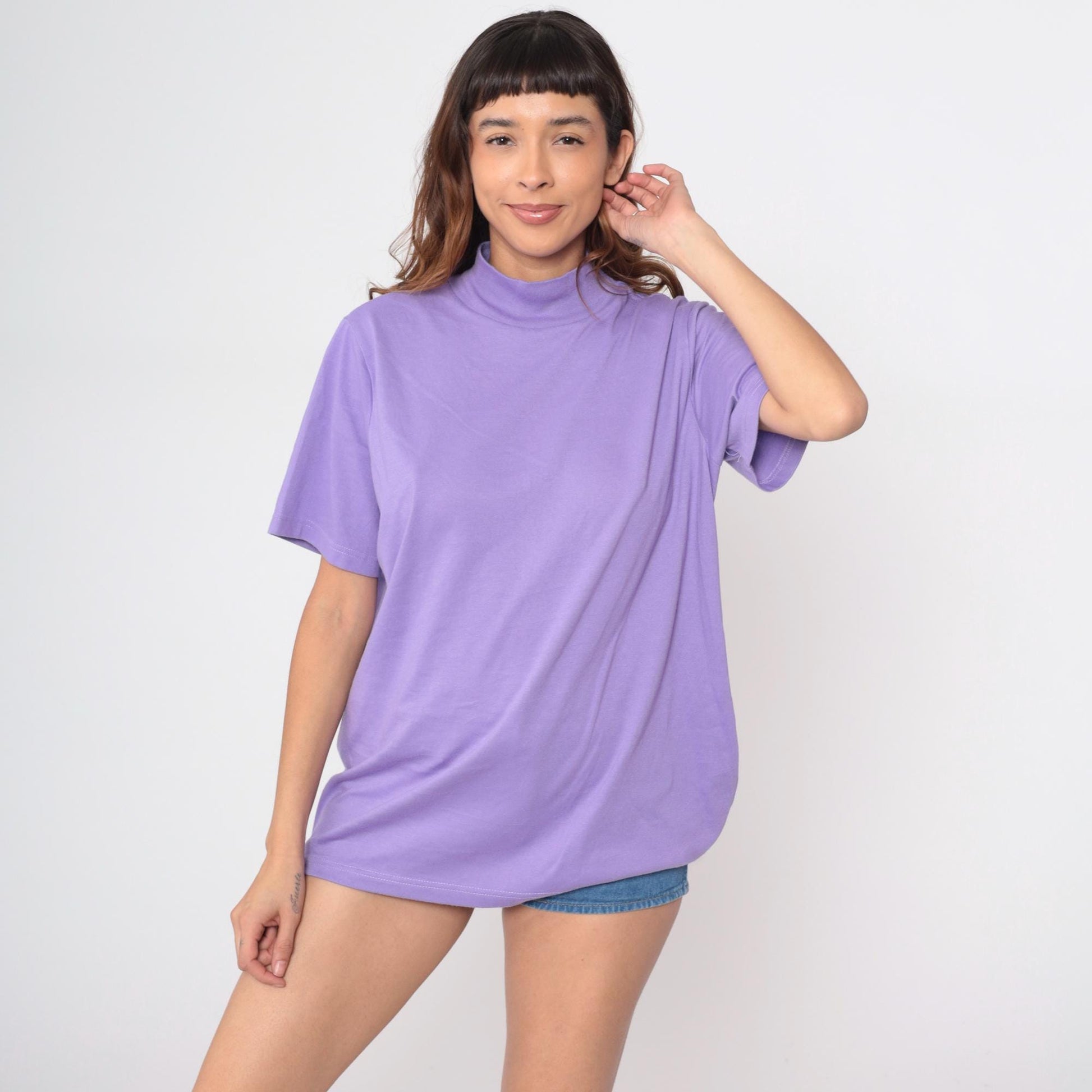 90s Roamans Lavender Mock Turtleneck Short Sleeve Cotton Top Large