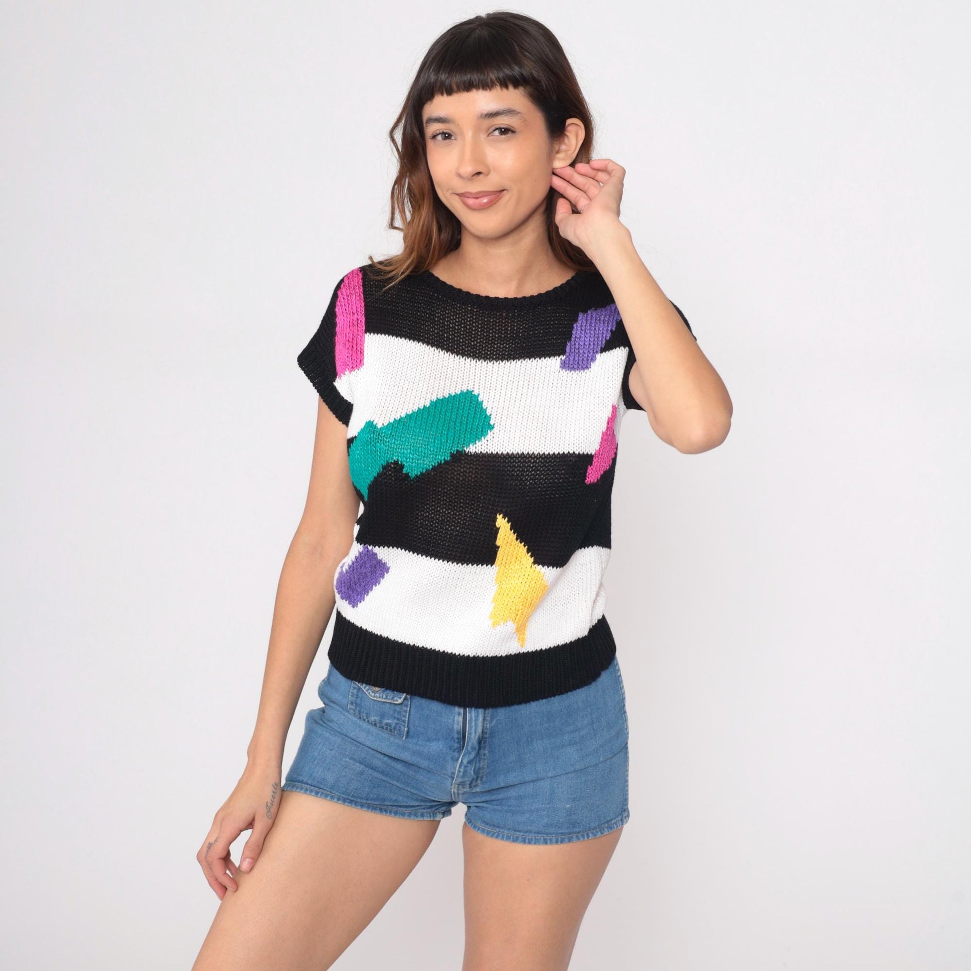 90s Campus Casuals Knit Top Black White Striped Crew Pullover Small S