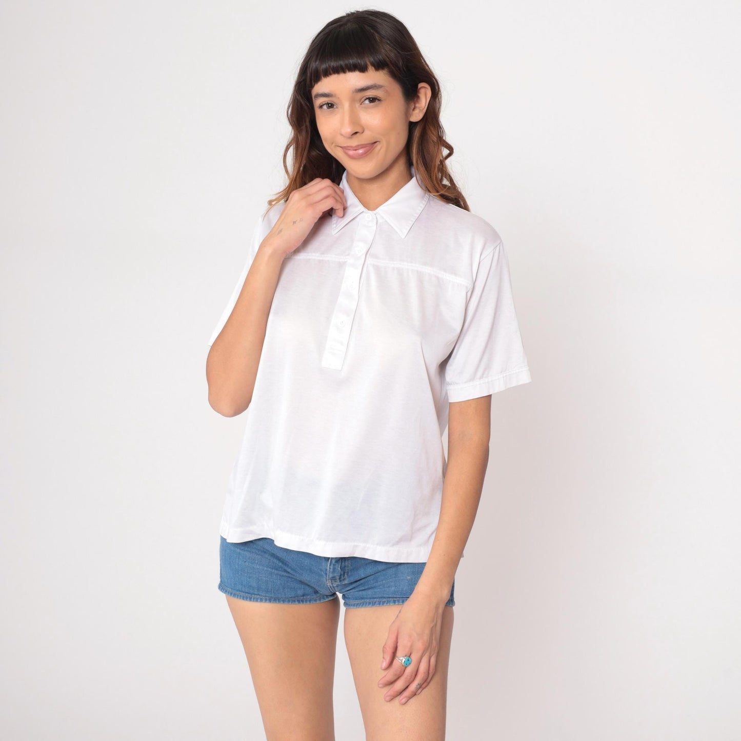 90s White Collared Polo Shirt Short Sleeve Chest Pocket Large L