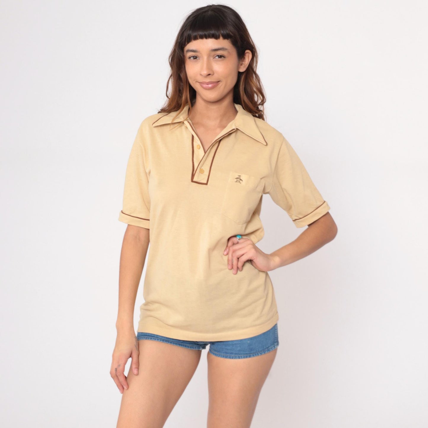 80s Grand Slam Munsingwear Polo Shirt Pale Yellow Brown Piping Medium