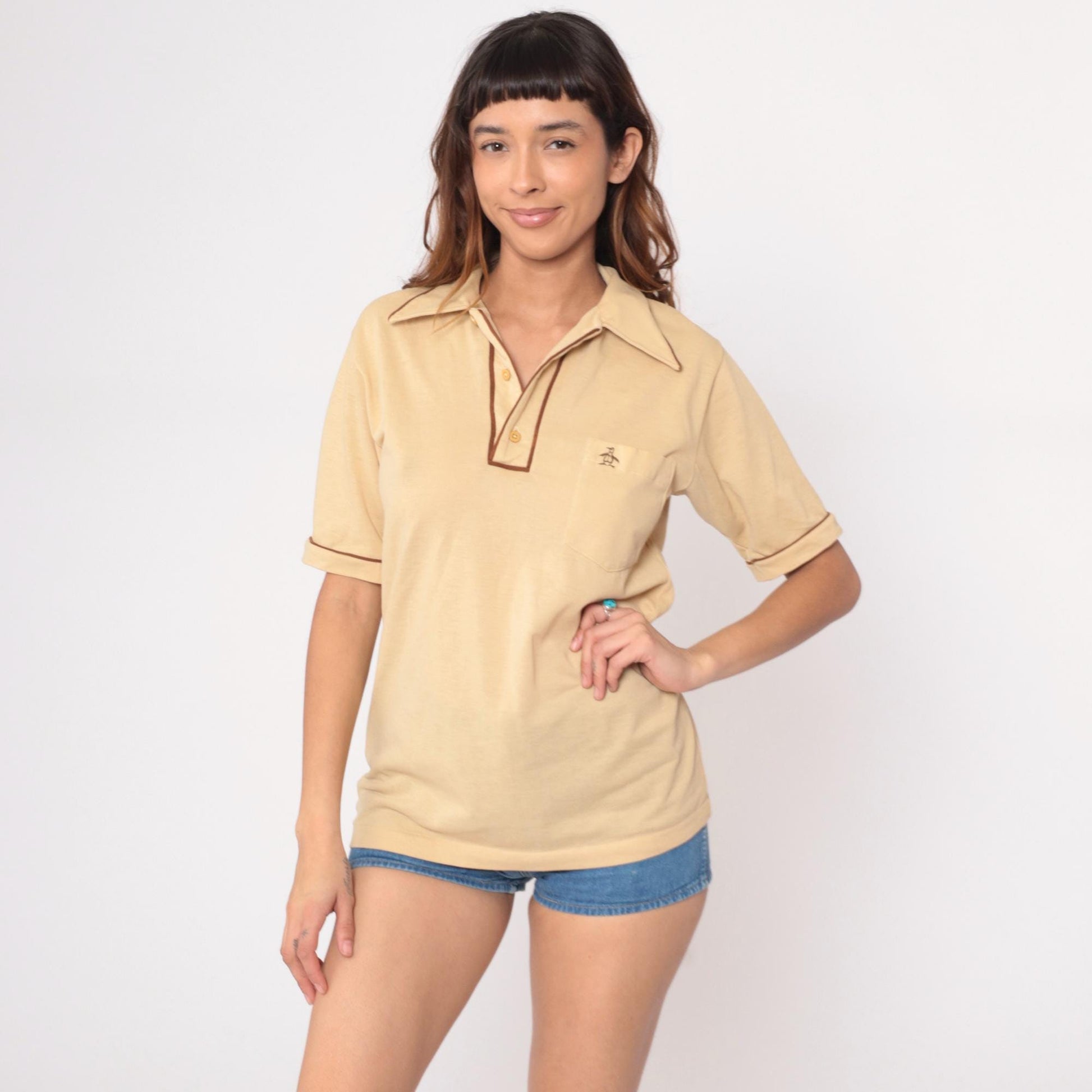 80s Grand Slam Munsingwear Polo Shirt Pale Yellow Brown Piping Medium