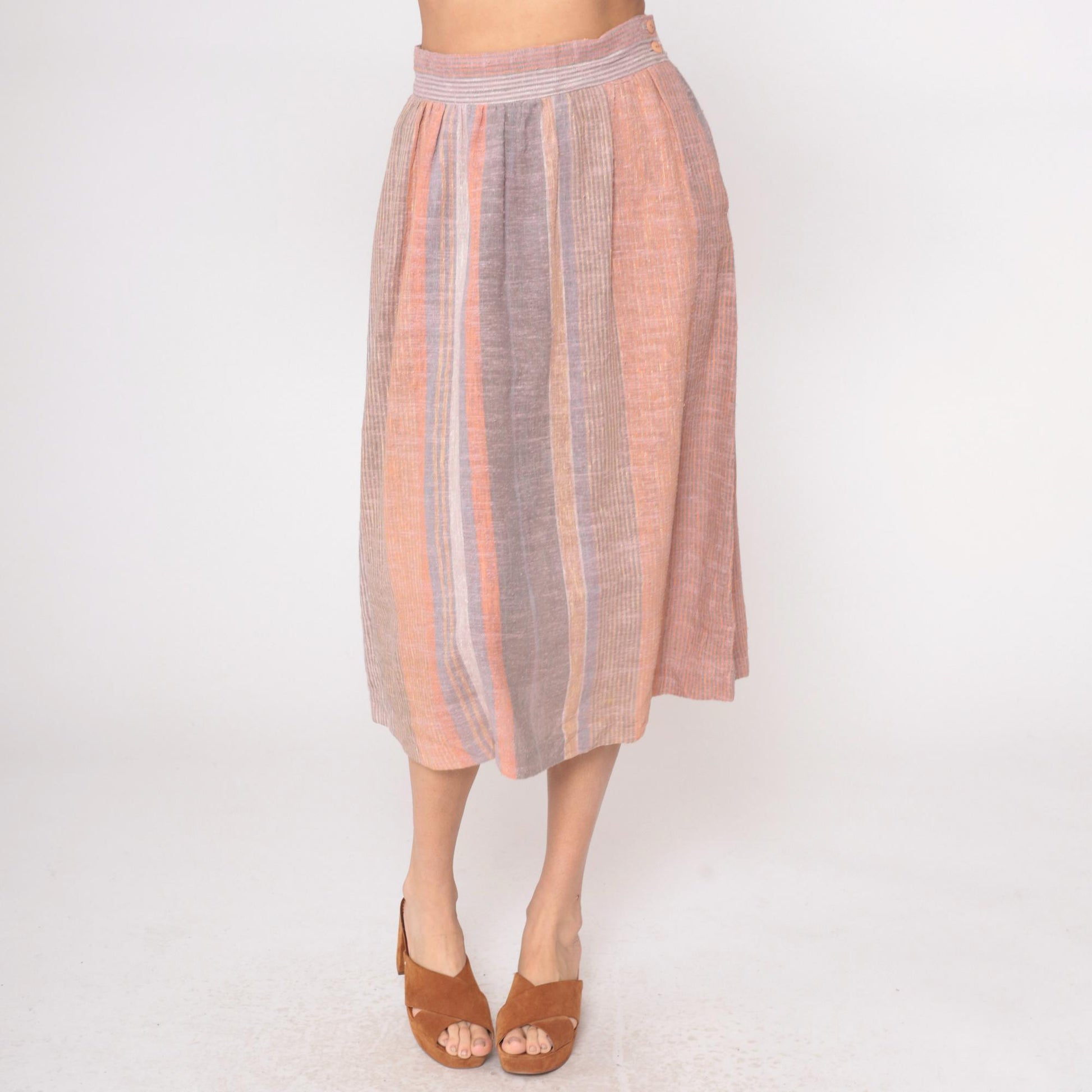 80s Striped Midi Skirt Peach Grey Cream Elastic Waist Pockets Small