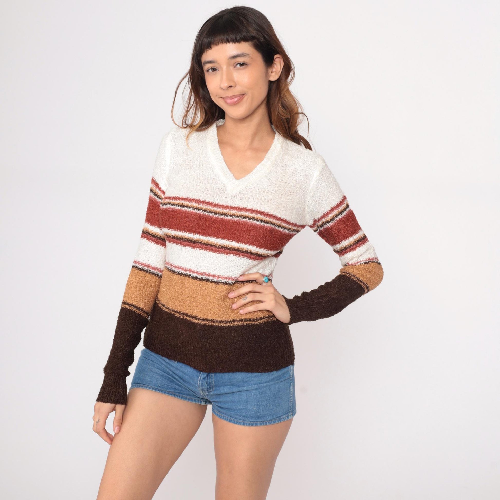 70s Striped V-Neck Pullover Sweater Cream Rust Brown Tan Small