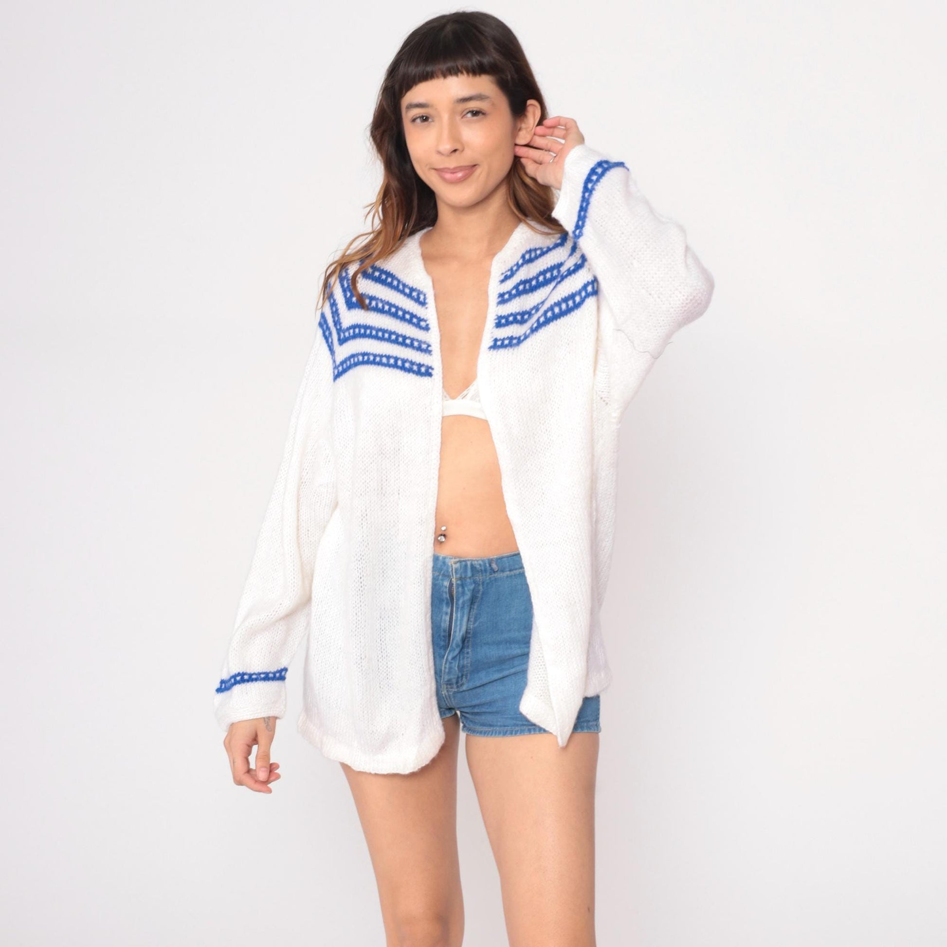 70s White Knit Cardigan Blue Striped Trim V-Neck Long Sleeve Medium