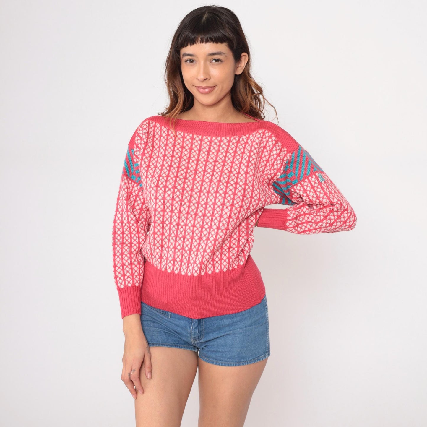 80s Demetre Wool Fair Isle Sweater Pink Geometric Boat Neck Medium M