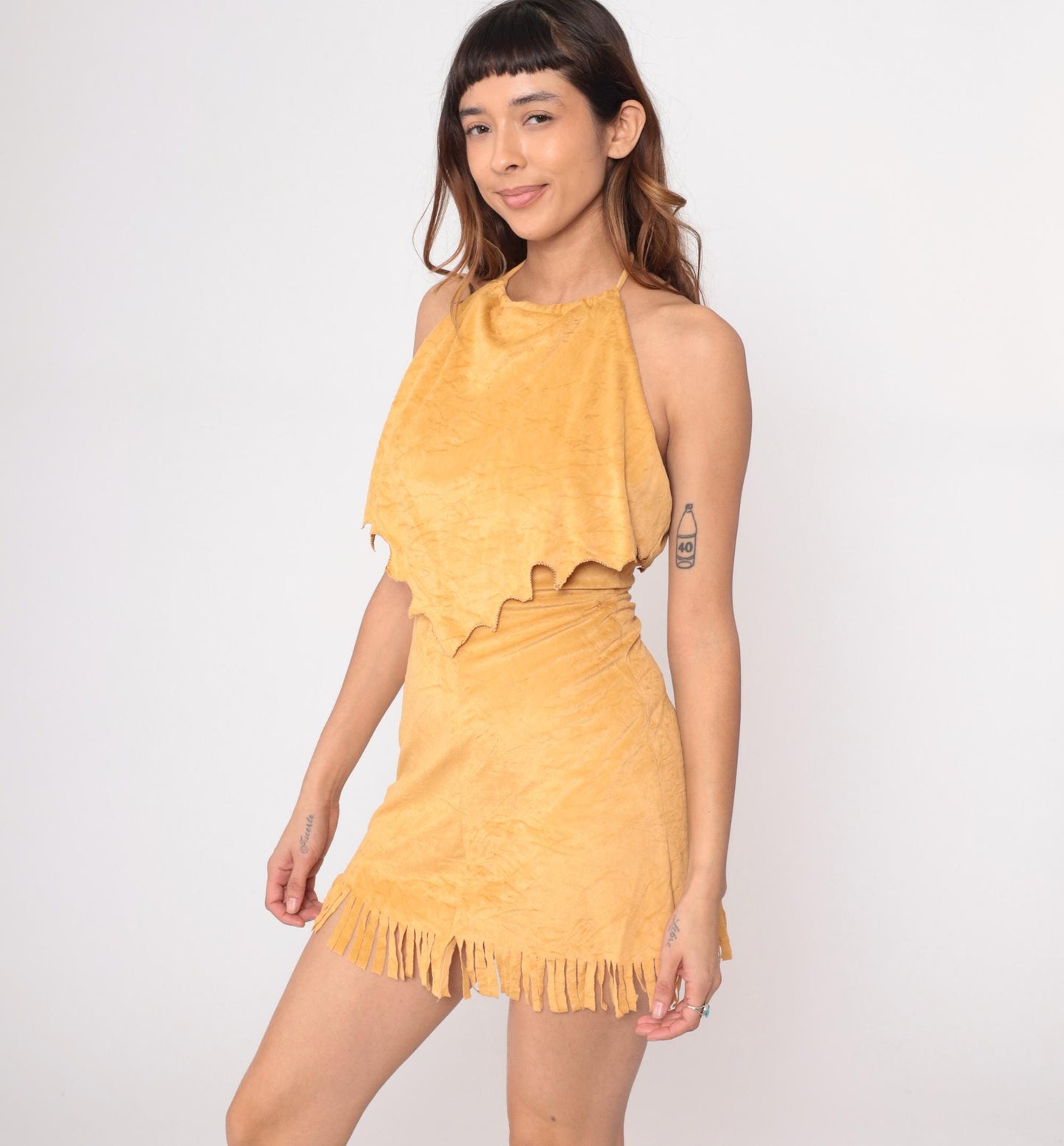 90s Coco Loco Yellow Halter Mini Dress Fringe Hem Medium M