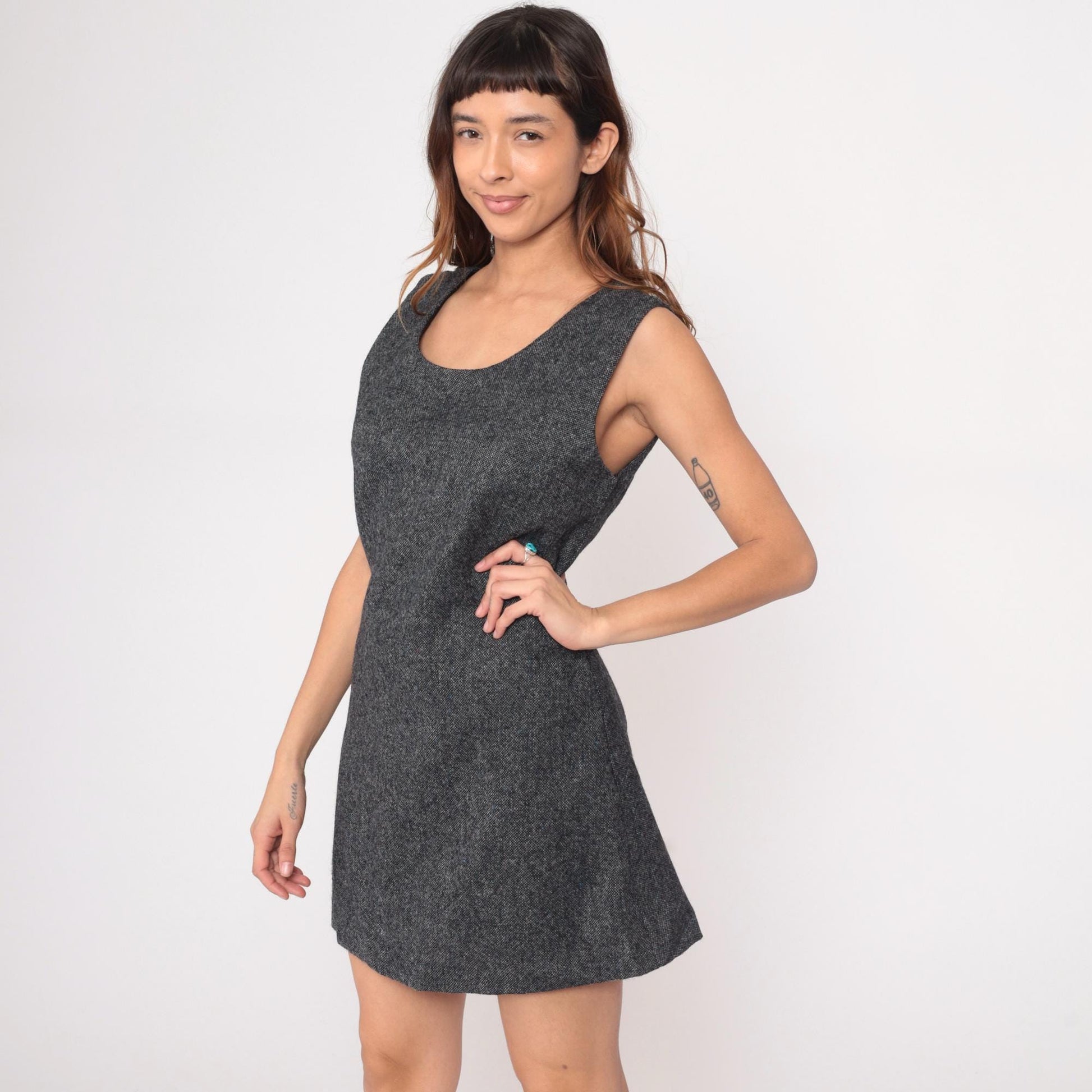 90s Mary Jane Marcasiano Wool Mini Dress Charcoal Sleeveless Medium