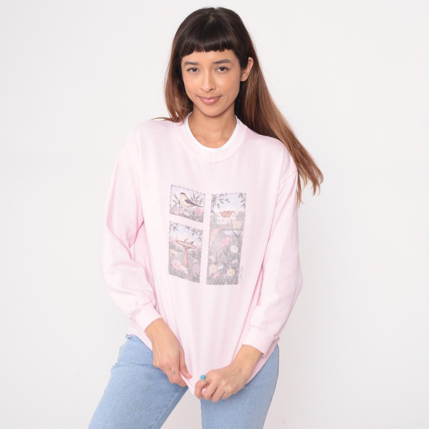 90s Caroll Reed Pink Sweatshirt Bird Garden Cottage Graphic Crew Medium M