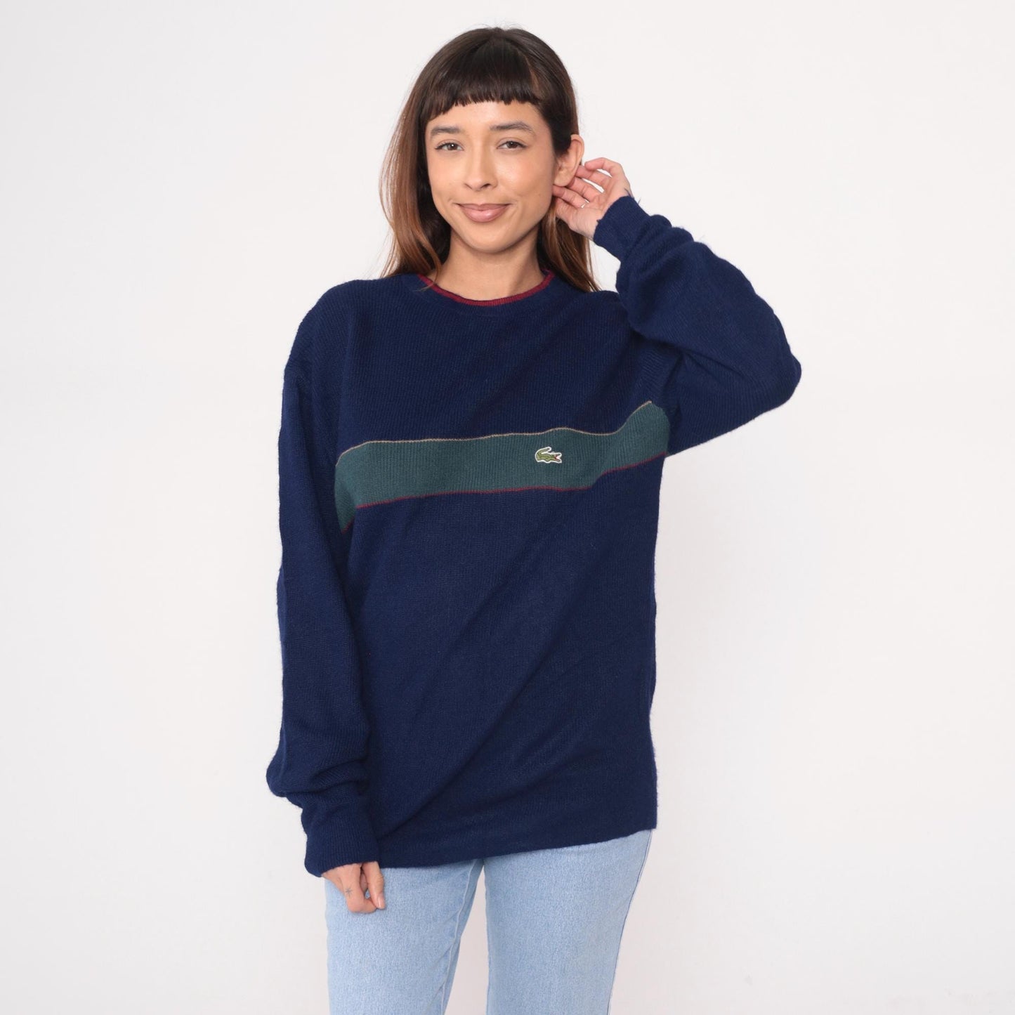 80s Izod Lacoste Navy Sweater Green Stripe Crocodile Crew Neck Large