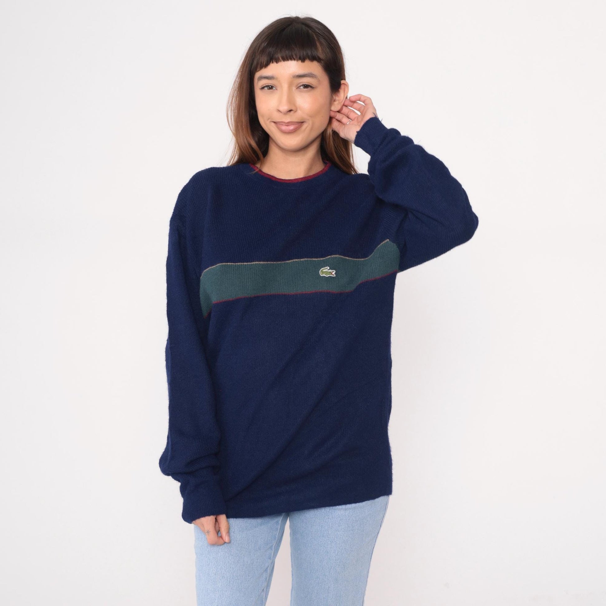 80s Izod Lacoste Navy Sweater Green Stripe Crocodile Crew Neck Large