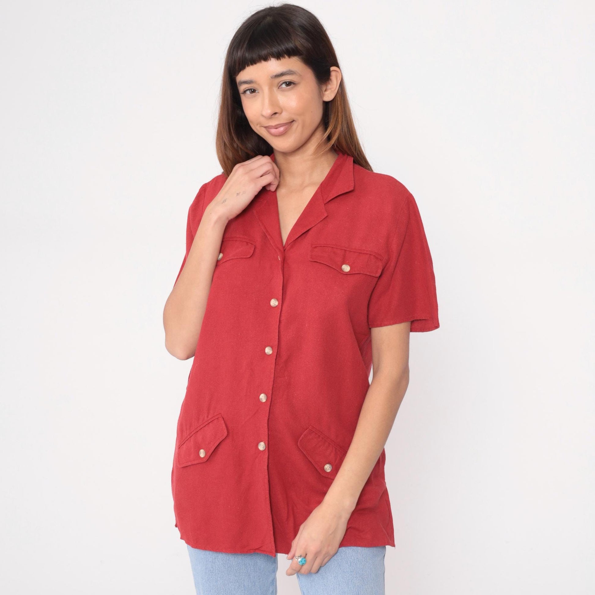 Y2K Anna and Frank Silk Safari Shirt Red Camp Collar Button Front Small S