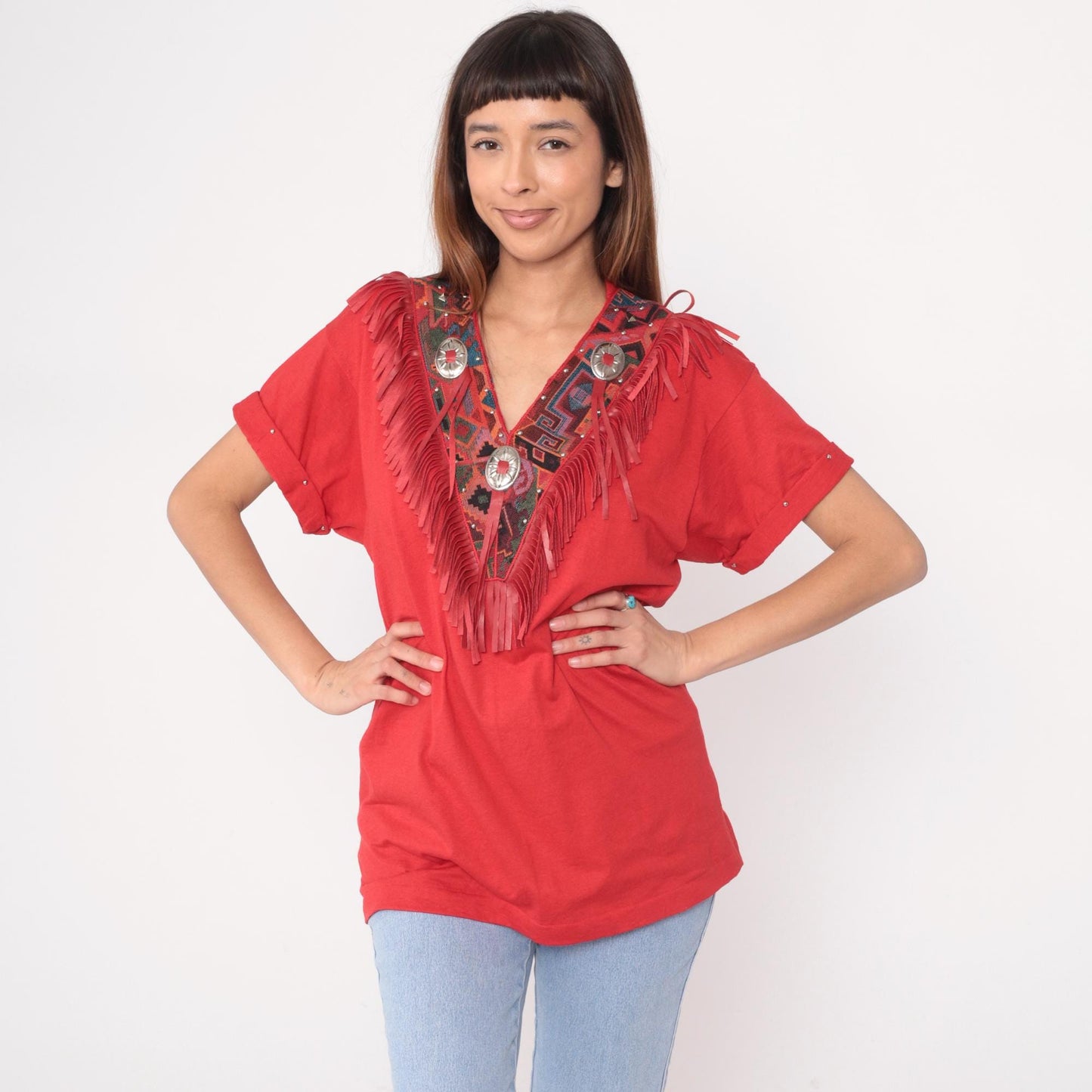 90s Joanie W. Southwestern Fringe Tunic Red Concho Embroidered V-Neck Medium