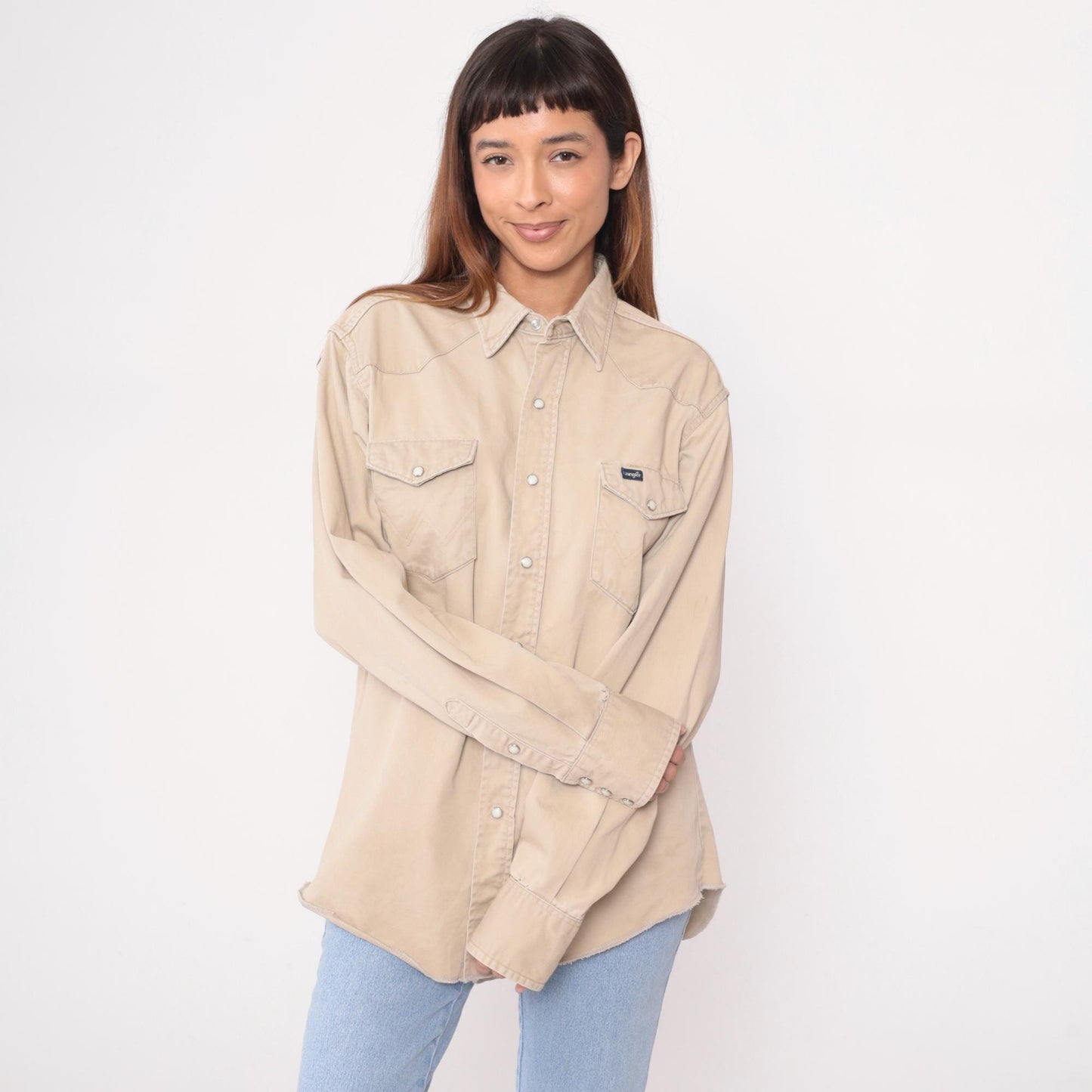 90s Wrangler Western Shirt Beige Cotton Pearl Snap Workwear Extra Large XL