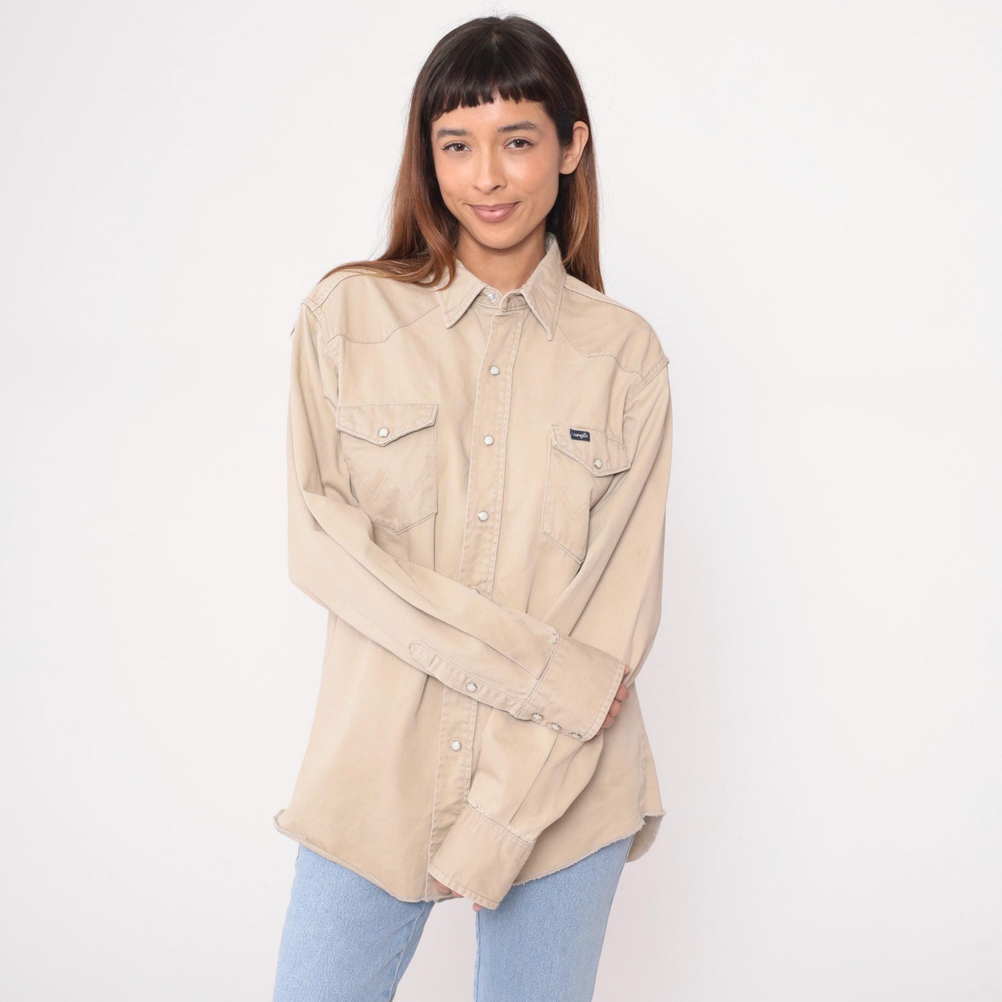 90s Wrangler Western Shirt Beige Cotton Pearl Snap Workwear Extra Large XL