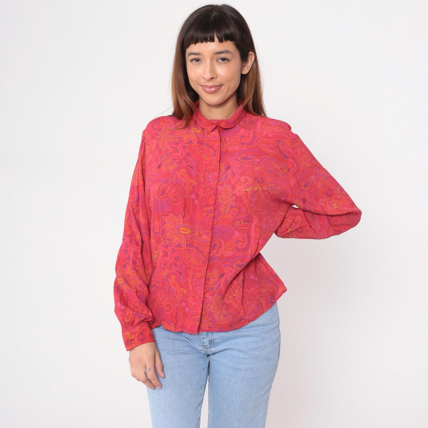 90s Evan Picone Coral Paisley Blouse Long Sleeve Pointed Collar Medium