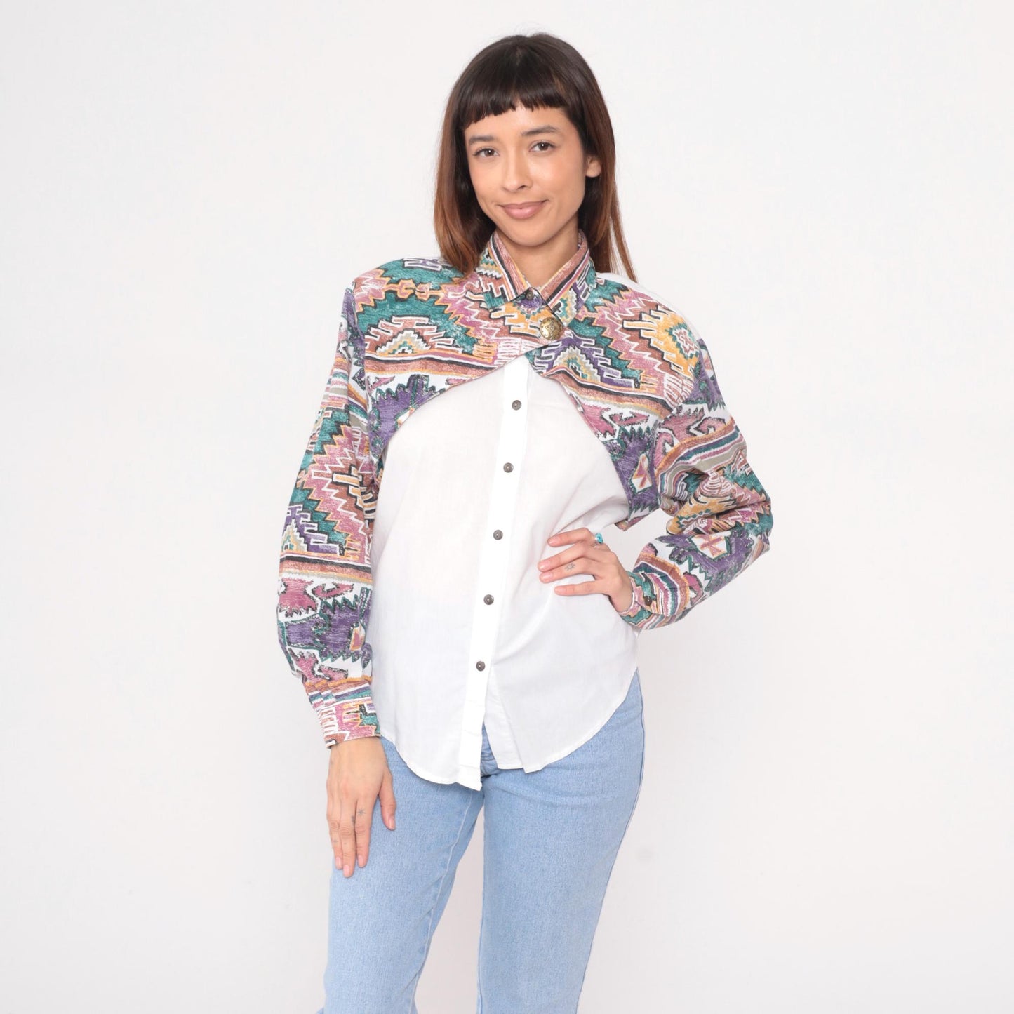 90s Rough Rider Western Shirt Southwestern Geometric Print Cotton Medium