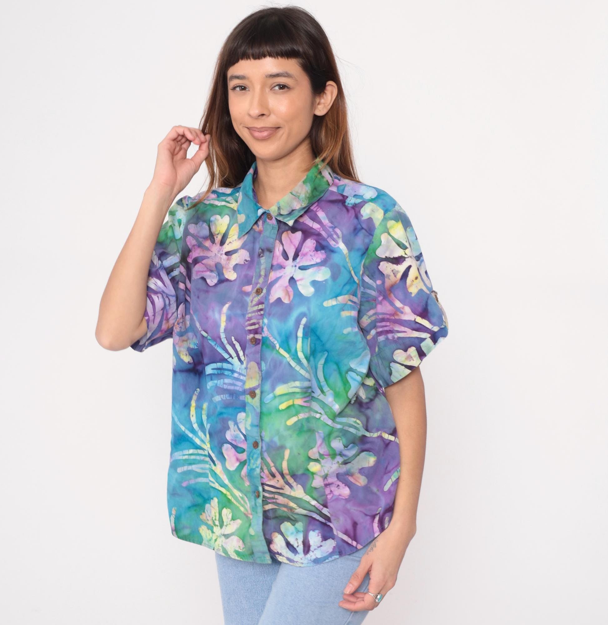 Y2K Caribbean Joe Tropical Floral Button-Up Shirt Purple Blue Green Plus Size 1X