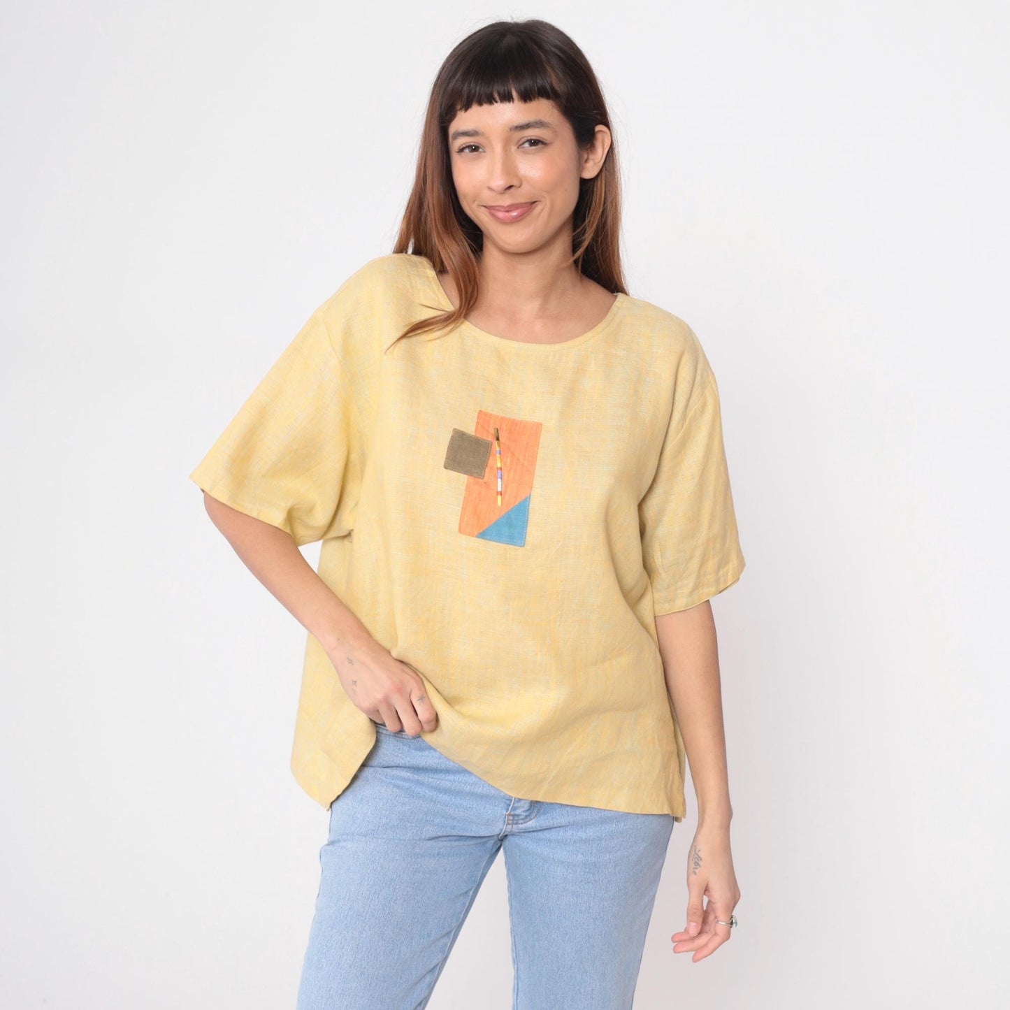 90s Nino Wong Yellow Linen Blouse Geometric Appliqué Short Sleeve Large L