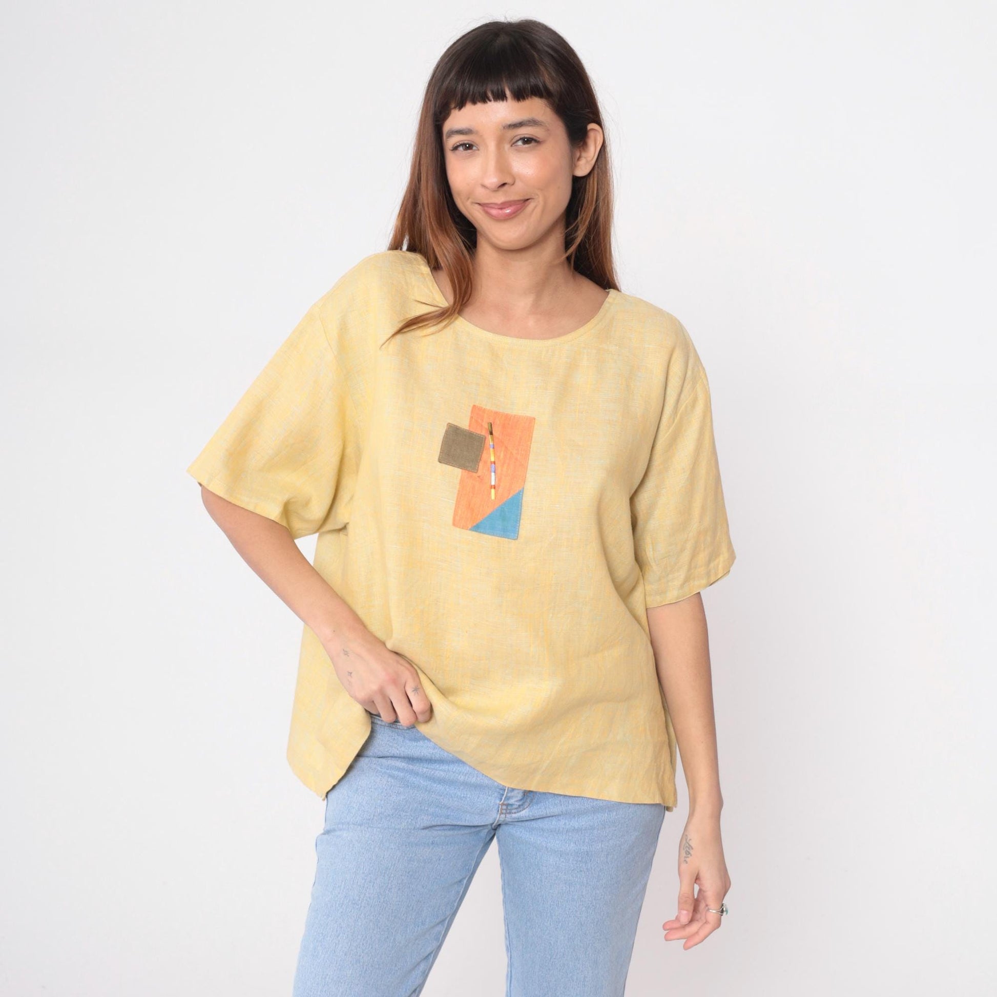 90s Nino Wong Yellow Linen Blouse Geometric Appliqué Short Sleeve Large L