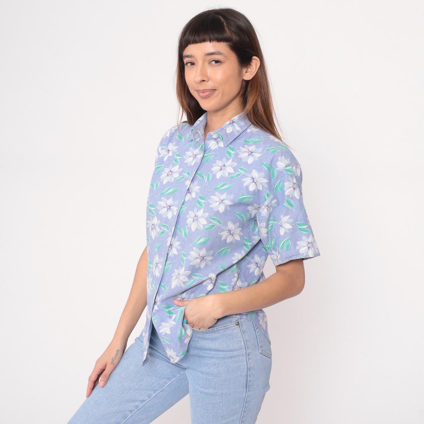 90s Picone Sport Purple Floral Cotton Blouse Short Sleeve Collared Small