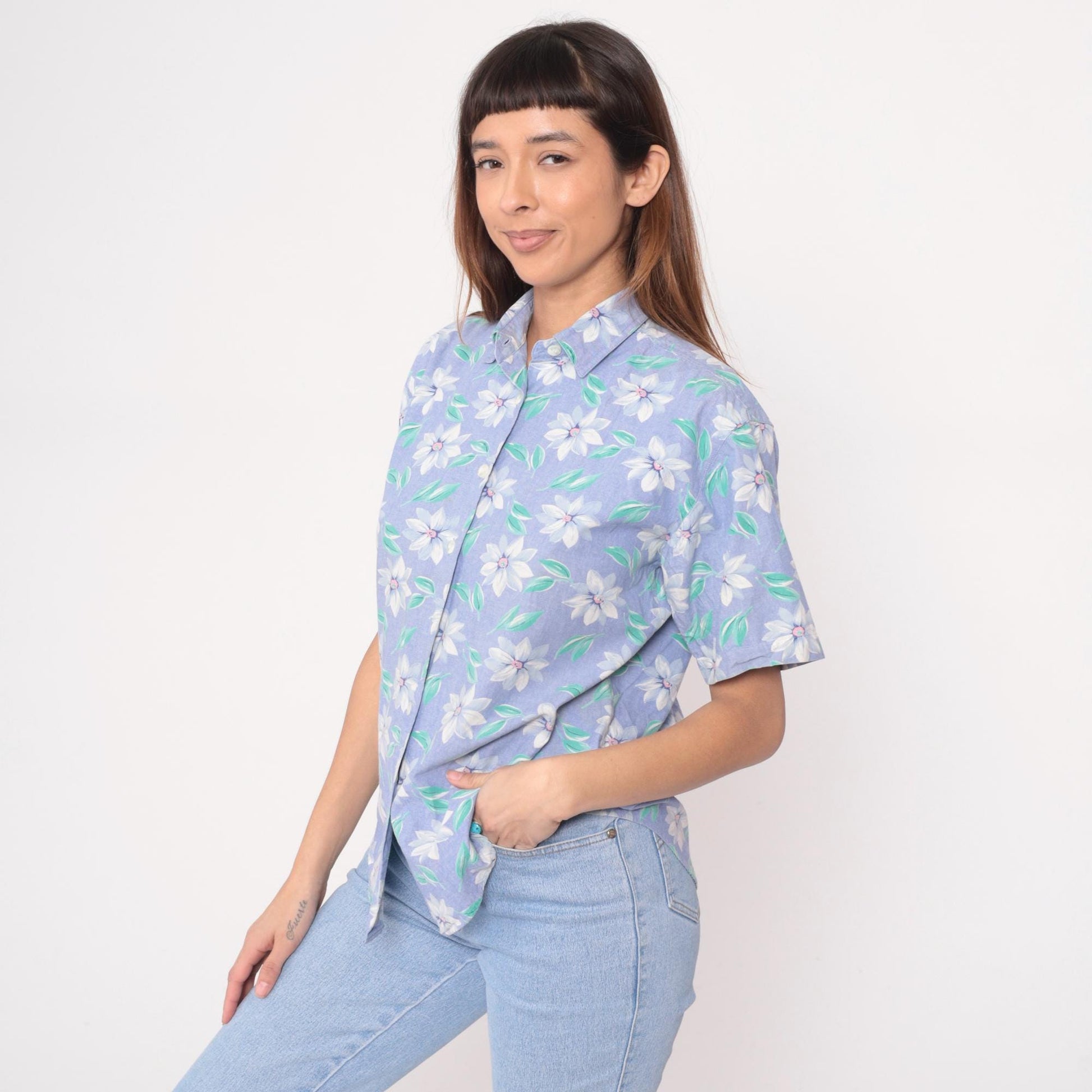 90s Picone Sport Purple Floral Cotton Blouse Short Sleeve Collared Small
