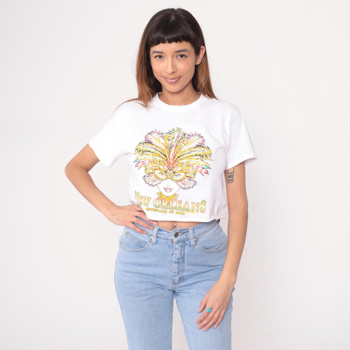 90s New Orleans Jazz Mardi Gras Crop Top White Graphic Tee Small S