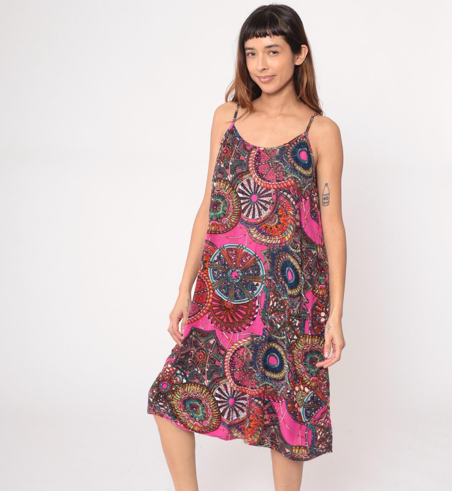 Y2K Psychedelic Mandala Slip Dress Pink Purple Spaghetti Strap Large L