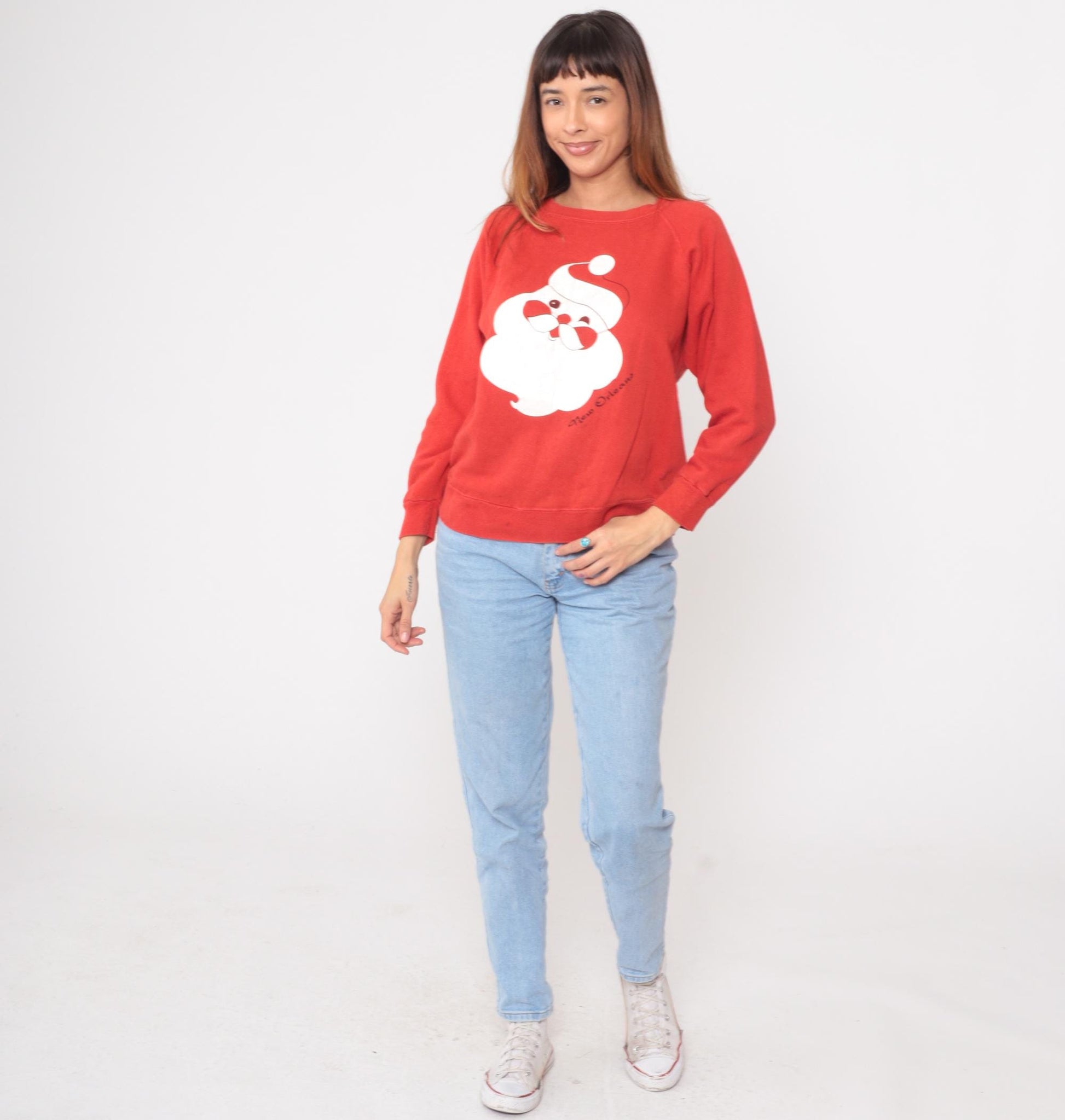 80s Santa Claus New Orleans Red Raglan Sweatshirt Christmas Graphic Medium