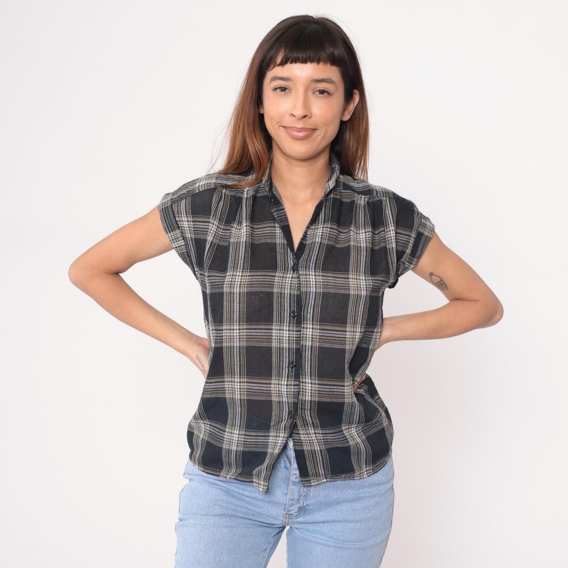 90s Bonjour Black White Plaid Short Sleeve Shirt Small