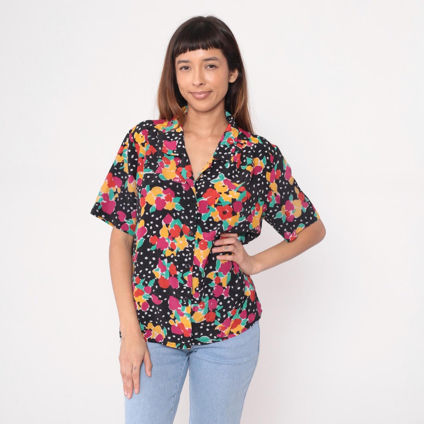 90s Impressions of California Black Floral Polka Dot Short Sleeve Blouse Large L