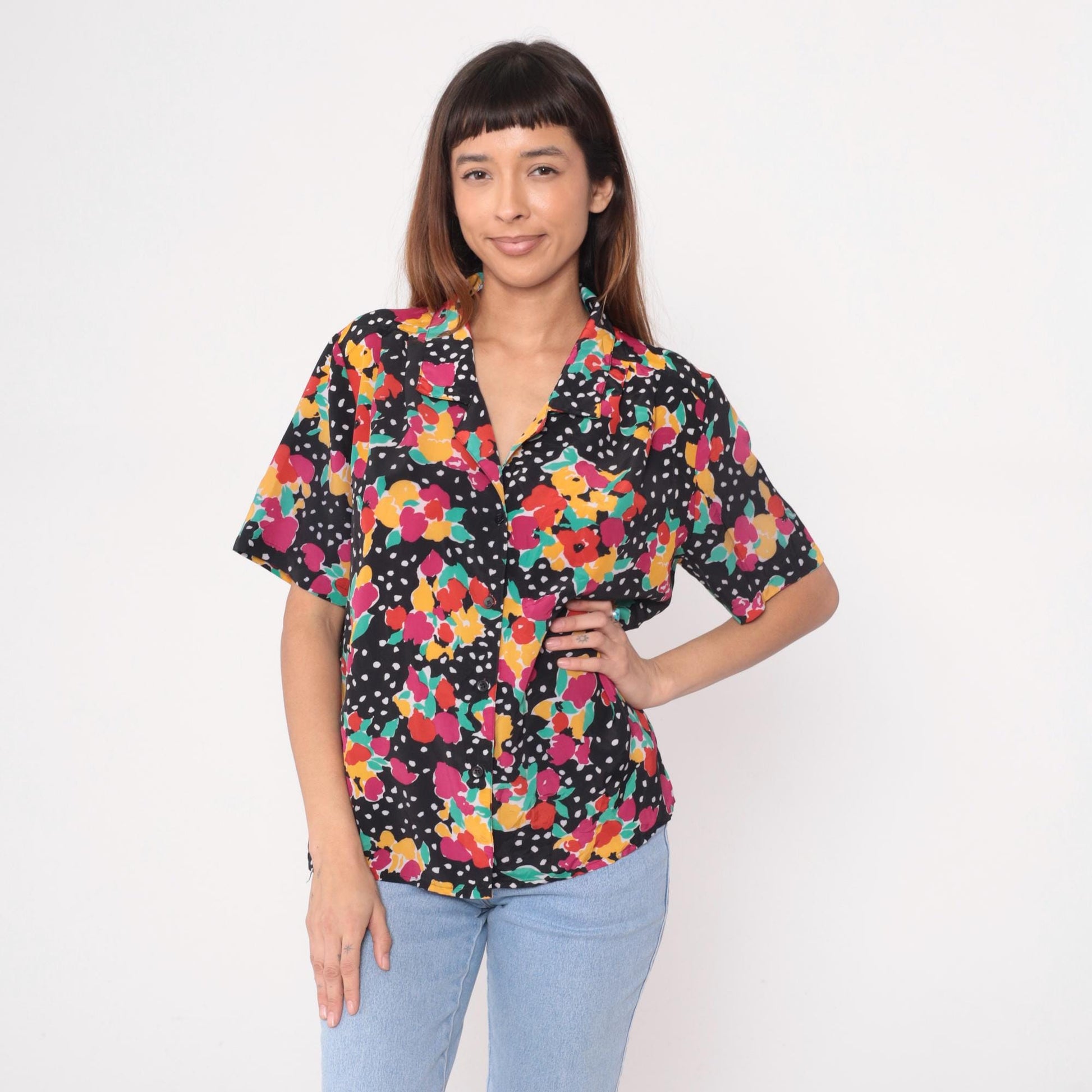 90s Impressions of California Black Floral Polka Dot Short Sleeve Blouse Large L