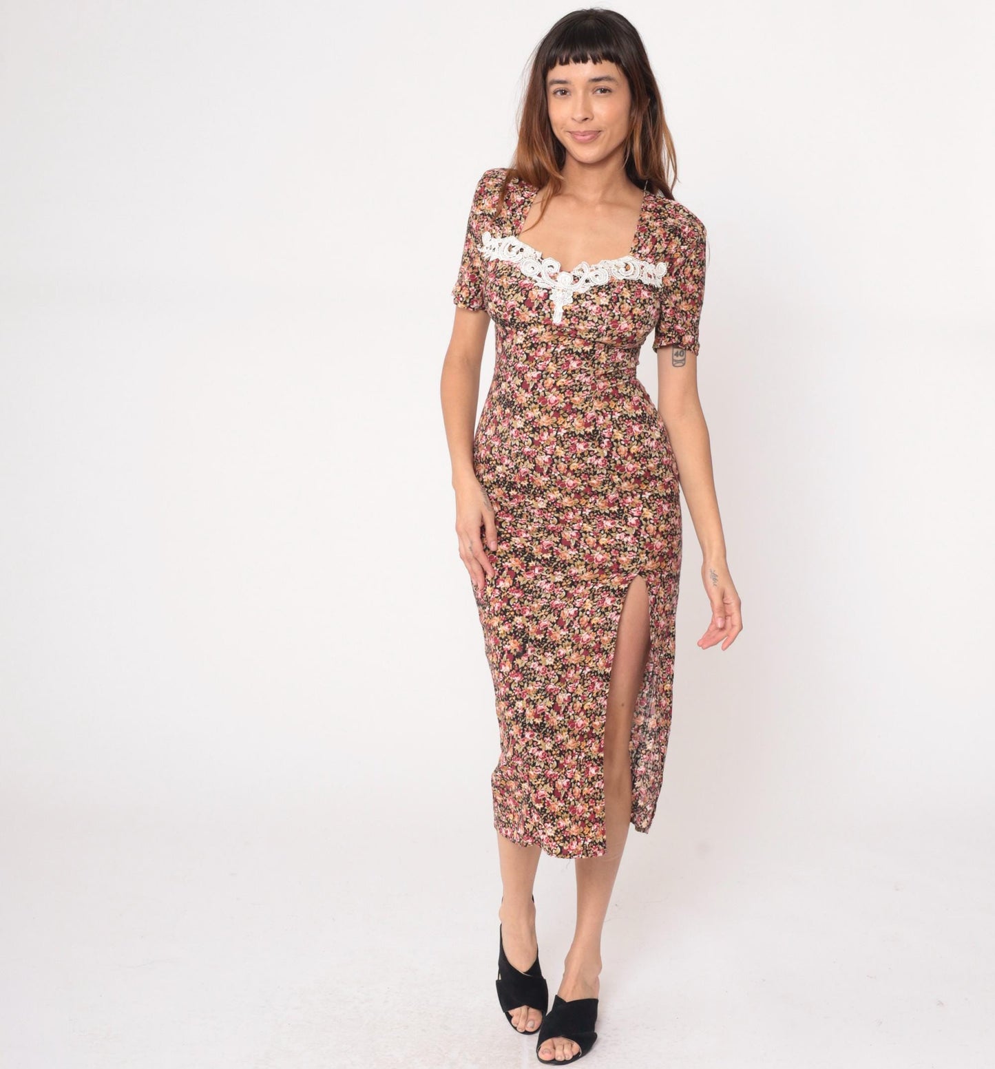 90s Floral Midi Dress Sweetheart Neckline Lace Trim Black Pink Small S