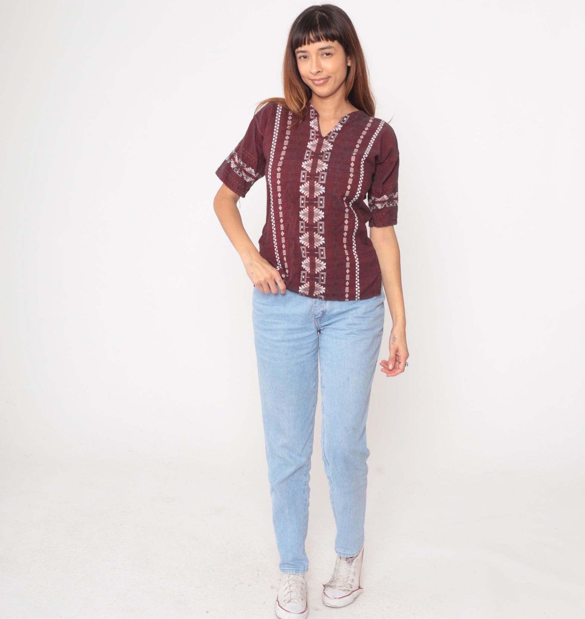 90s Burgundy Embroidered Cotton Blouse V-Neck Geometric Tribal Pattern Small