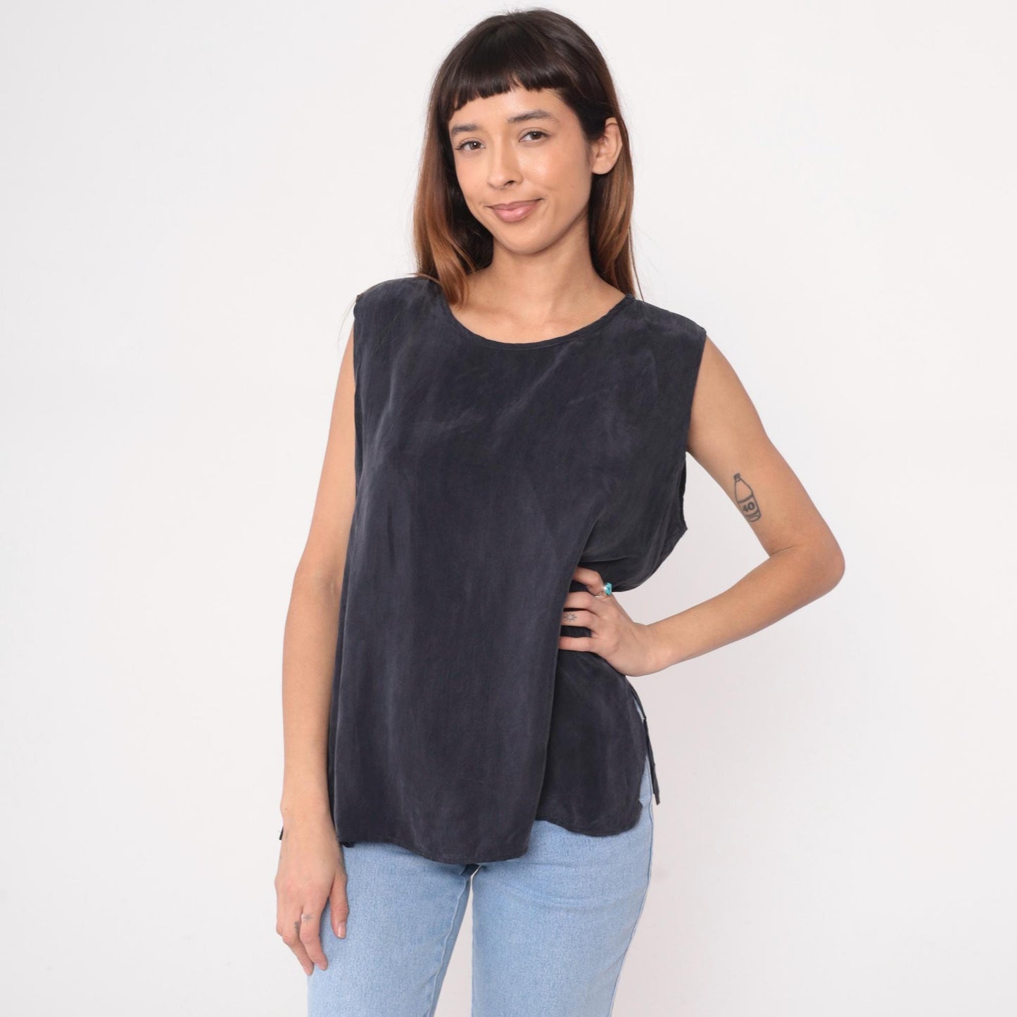 90s Black Rayon Tank Top Scoop Neck Sleeveless Camisole Large L