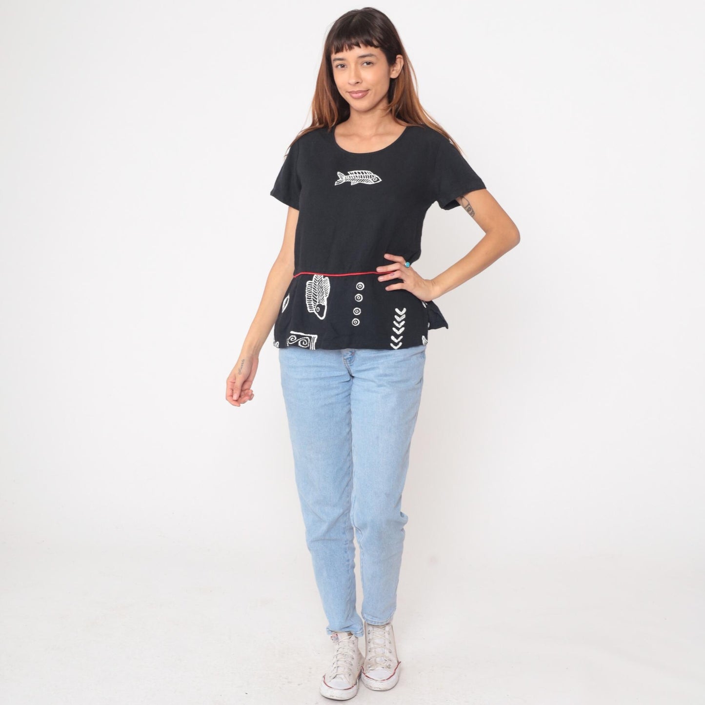 90s Sidan Black Fish Skeleton Nautical Print T-Shirt Small S
