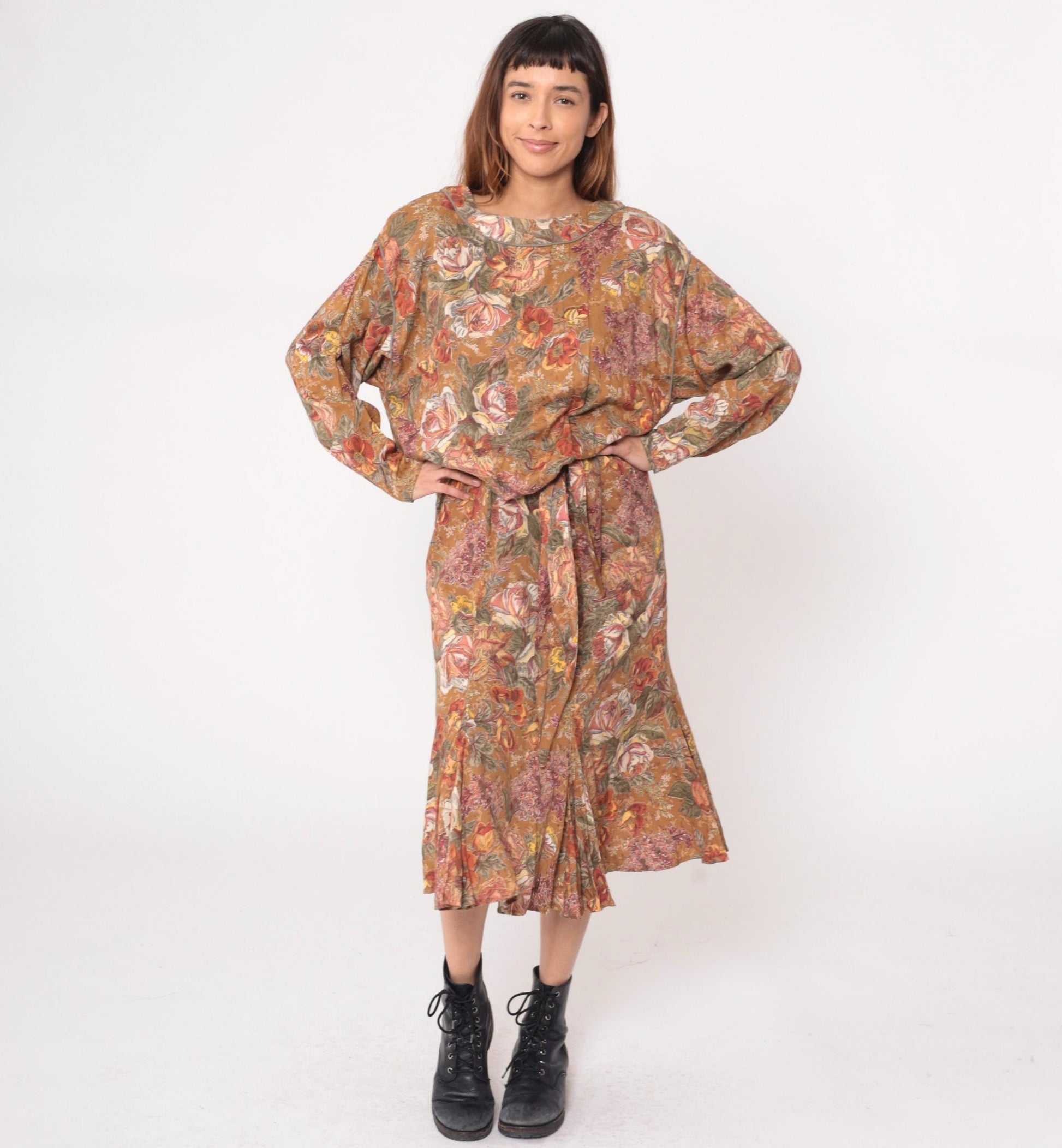 90s Carole Little Floral Midi Dress Long Sleeve Blouson Waist Brown Medium