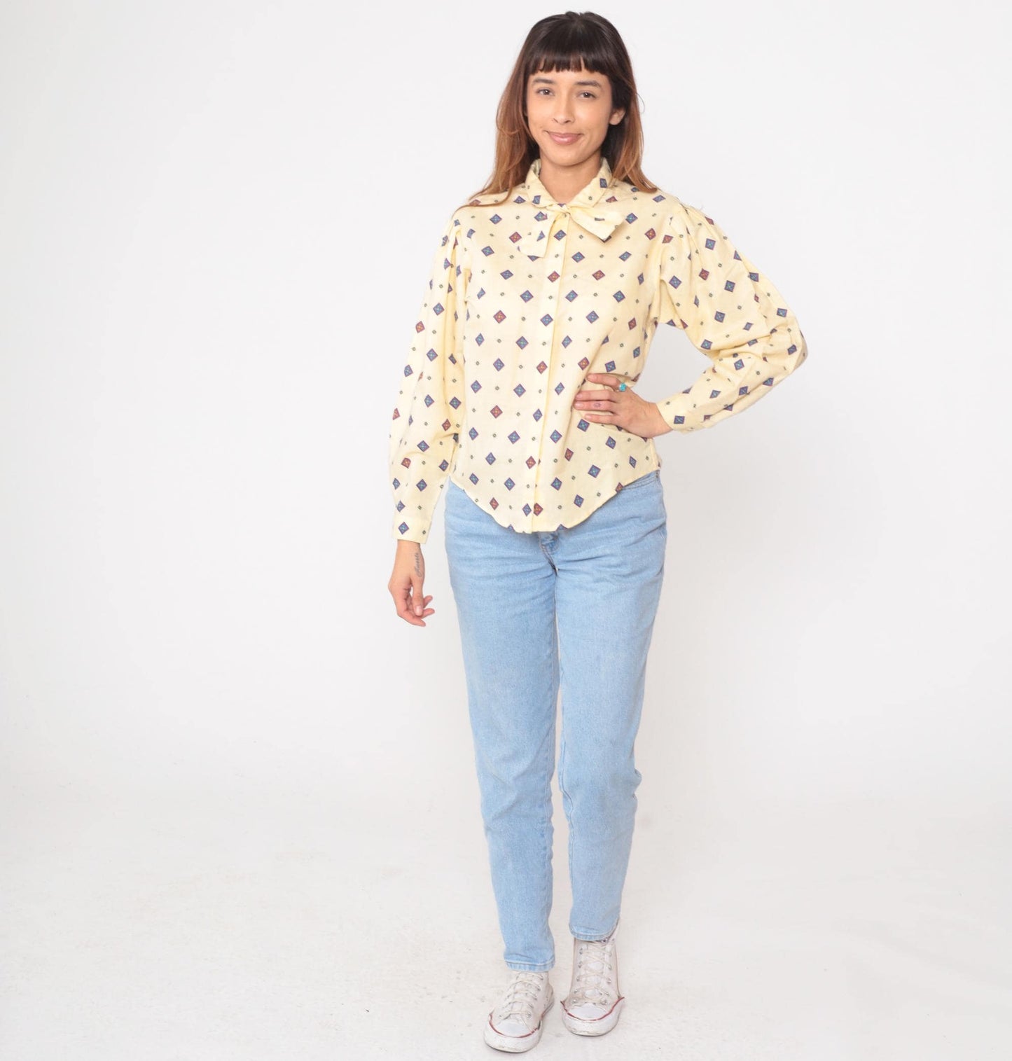 80s Pale Yellow Diamond Print Button-Up Blouse Purple Blue Geometric Medium
