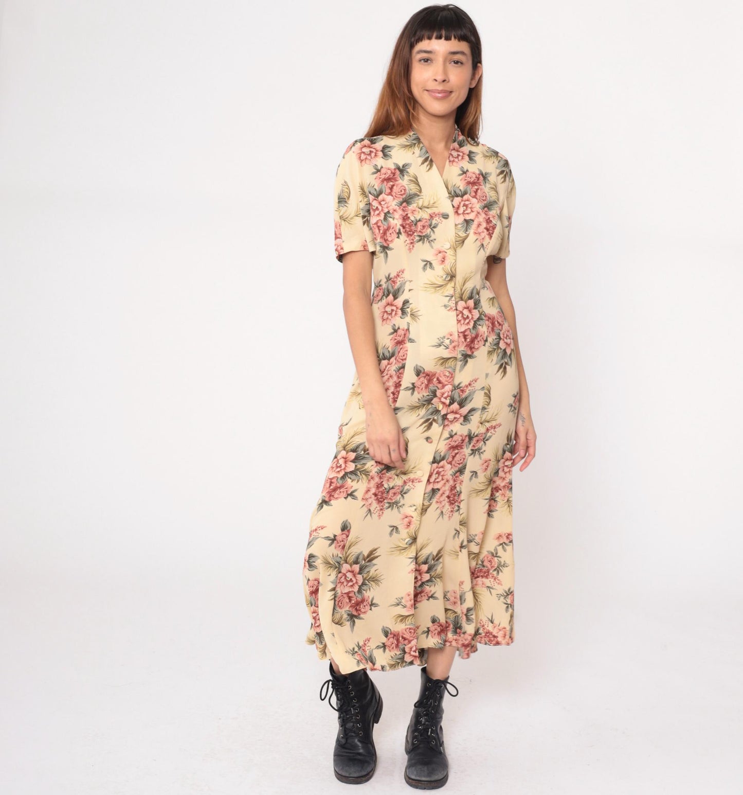 90s Yellow Floral Maxi Dress Pink Roses V-Neck Short Sleeve Medium