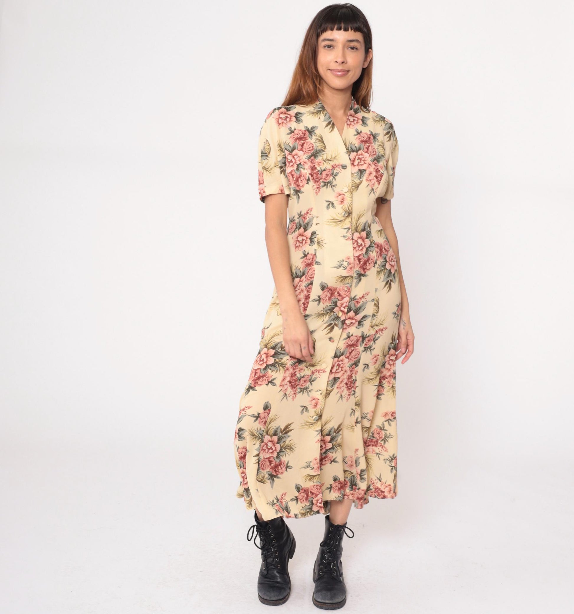 90s Yellow Floral Maxi Dress Pink Roses V-Neck Short Sleeve Medium