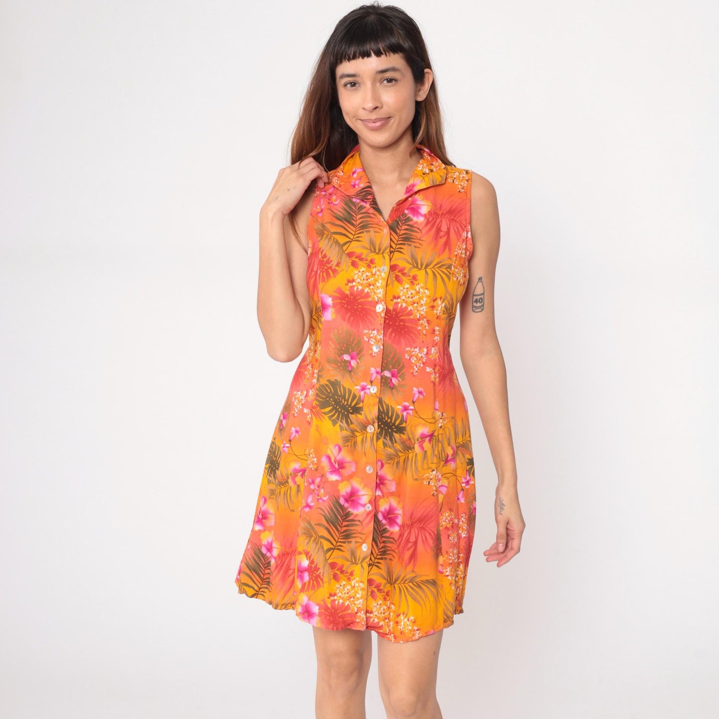 90s Impressions Tropical Floral Mini Dress Button Front Sleeveless Medium M