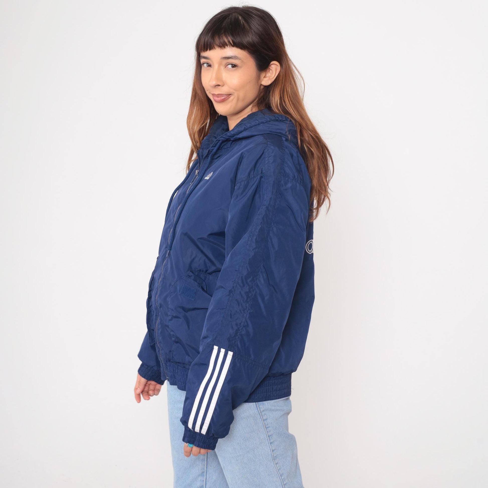 80s Adidas Navy Hooded Windbreaker Full Zip Three Stripe Small